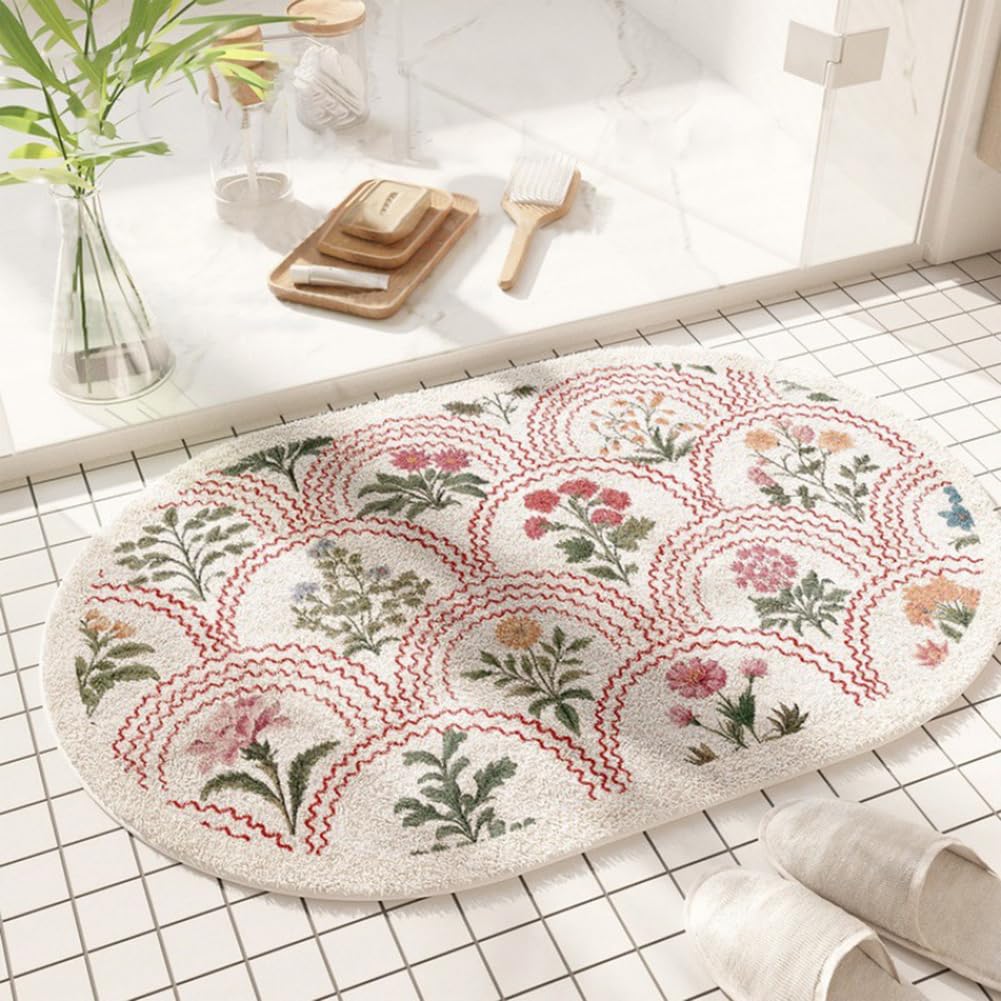 vctops Oval Bathroom Rugs, Spring Floral Print Absorbent Microfiber Bath Rugs, Non Slip Quick Dry Bath Mats for Bathroom Floor, Tub and Shower, Home