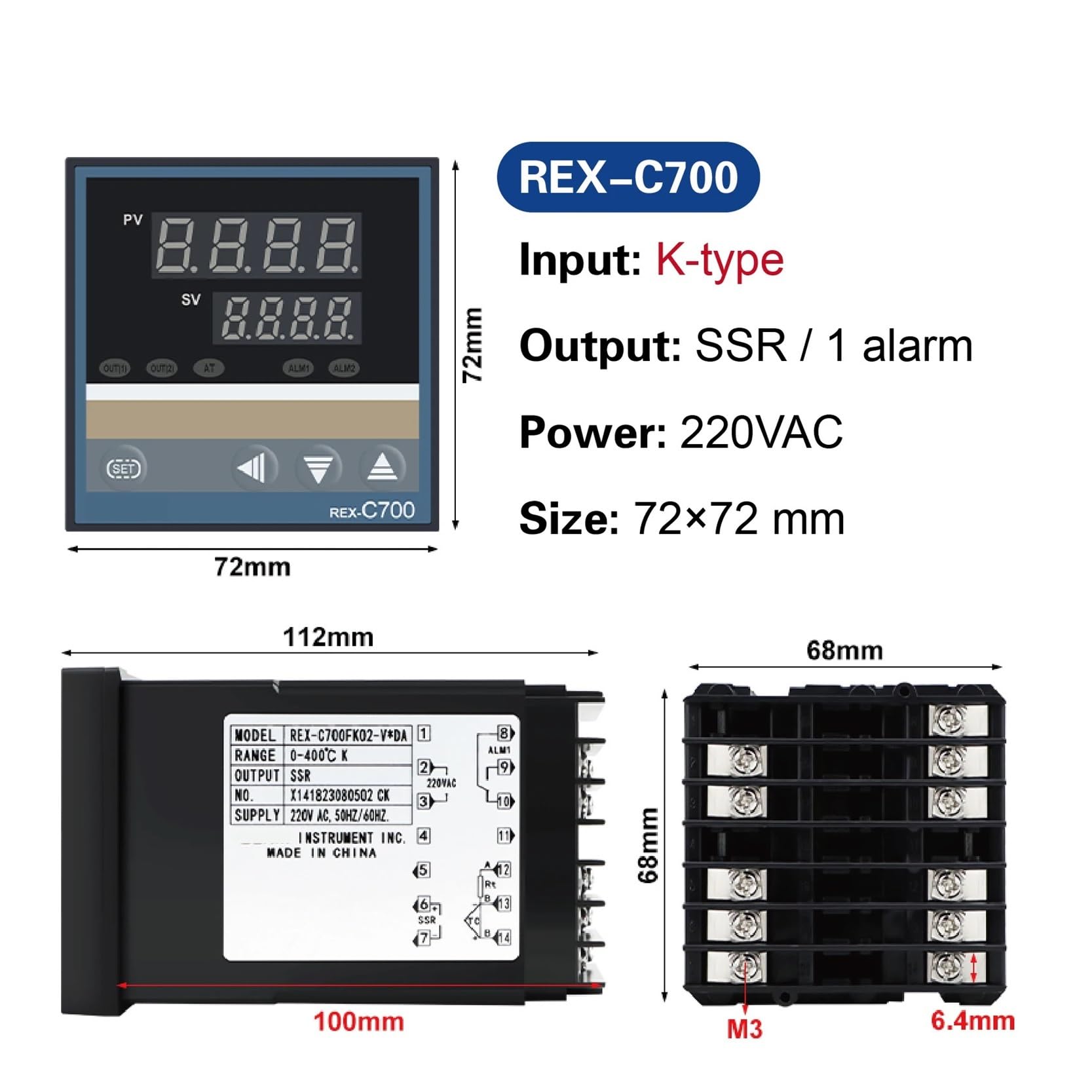 Regulator temperatury REX-C100, C400, C700, C900, PID, cyfrowy termostat, przemysłowy regulator temperatury (C700 VDA)