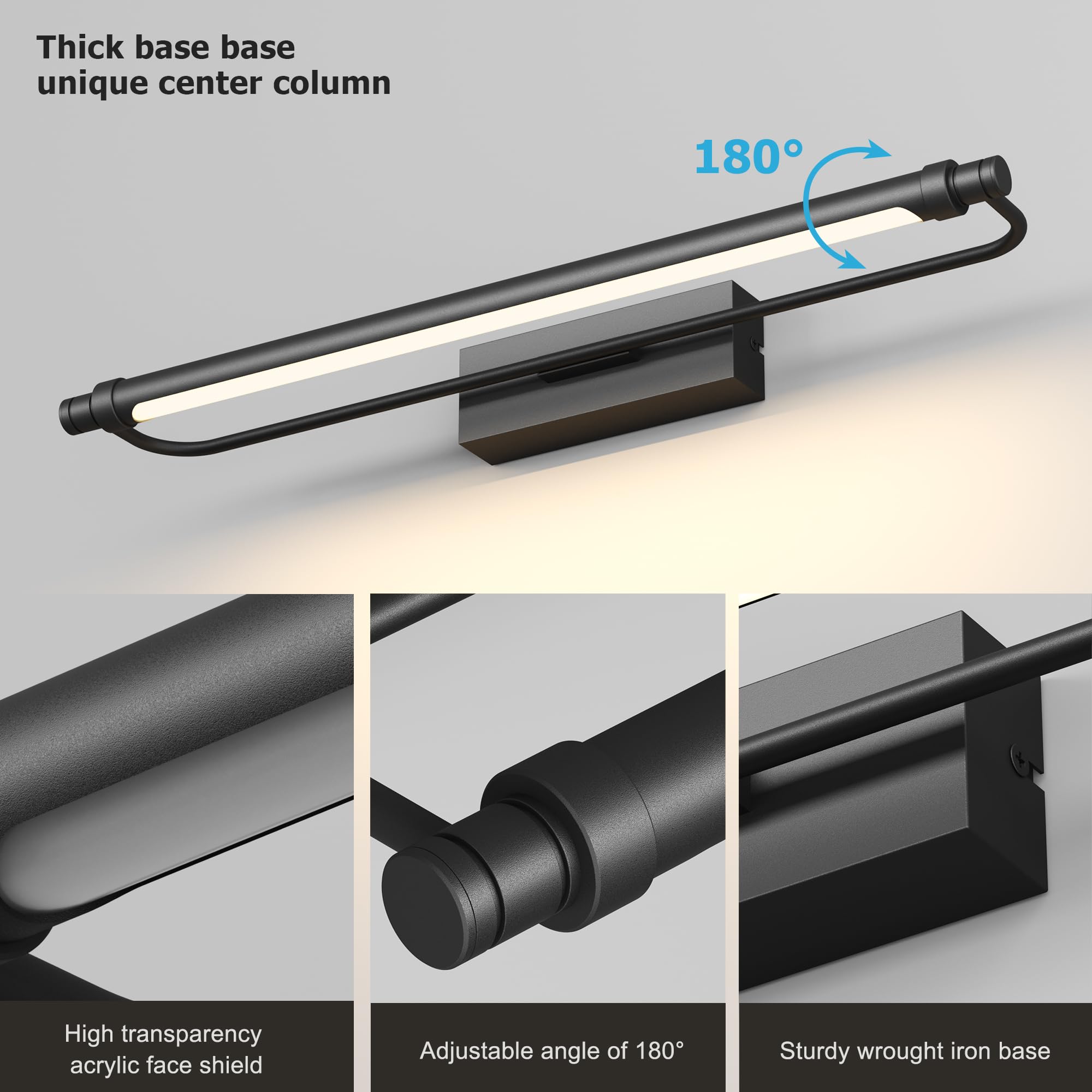 LED Spiegellampe Bad 60cm, 180 Grad Drehung Wandleuchte für bad IP44, 18W 1320 Lumen Spiegelleuchte Bad, Badlampe Wand Aluminium, 4000K, Schwarz