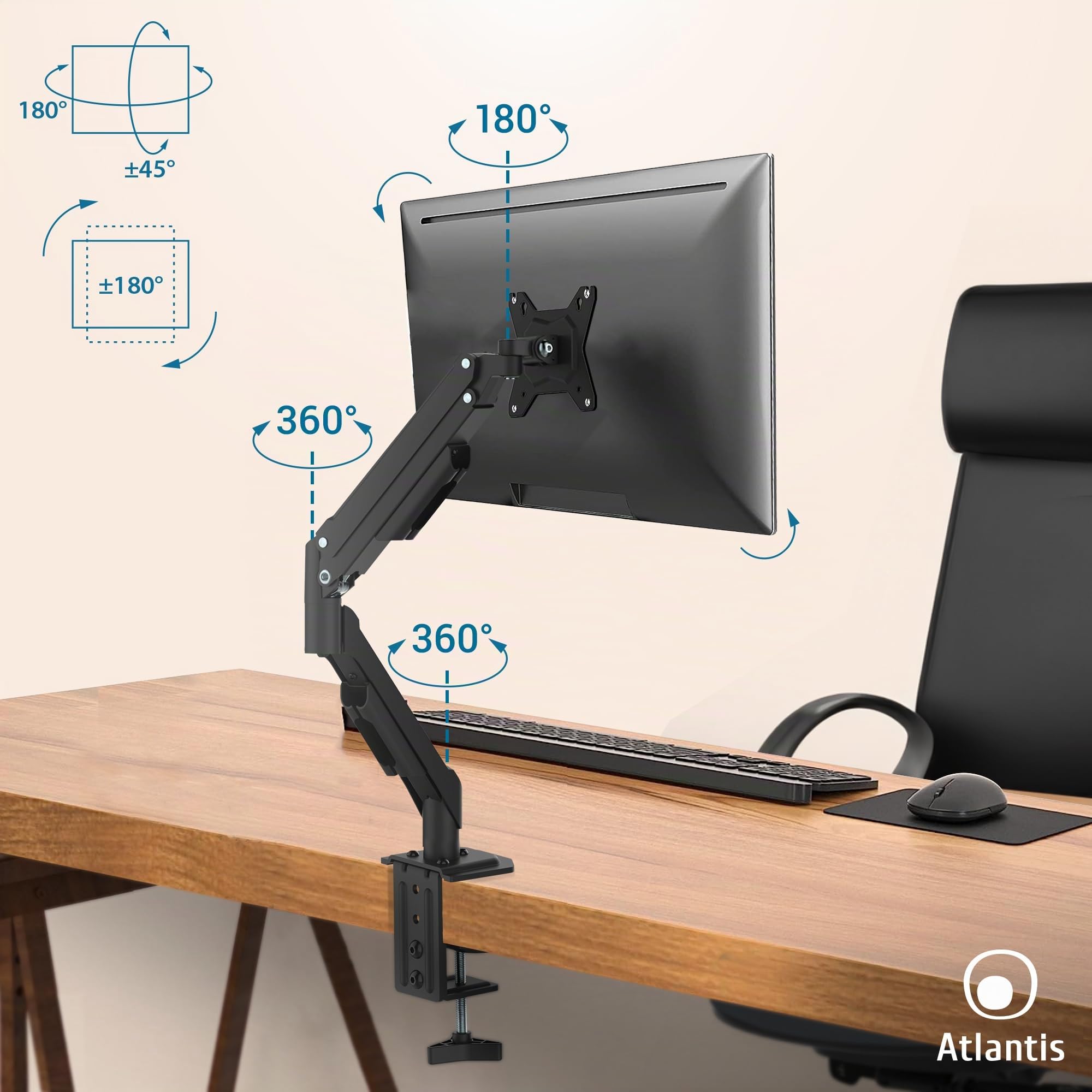 Atlantis P022-D306ASN GAS Lift Supporto e Braccio per Monitor PC singolo da 13" a 32",Max 8Kg. Altezza regolabile, snodabile. Inclinaz +/- 45°, Pivot +/- 180°, Rotaz 360° e Giro 180°. Vesa 75/100.