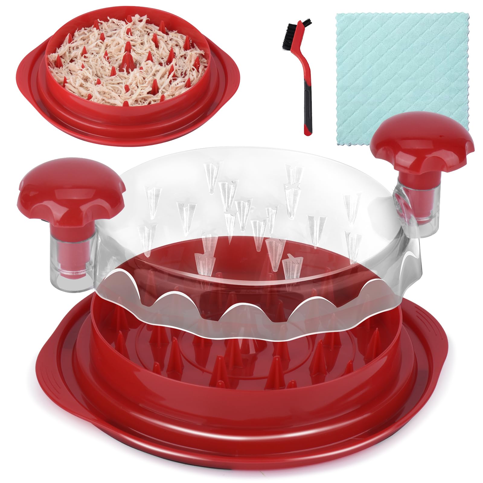 Chicken Shredder,Chicken Shredder Tool Twist Large Meat Shredder with Clear Cover and Non-Skid Base, Ergonomic Handle,Dishwasher Safe,BPA Free,Equipped with Pad Cloth and Brush (Red Chicken Shredder)