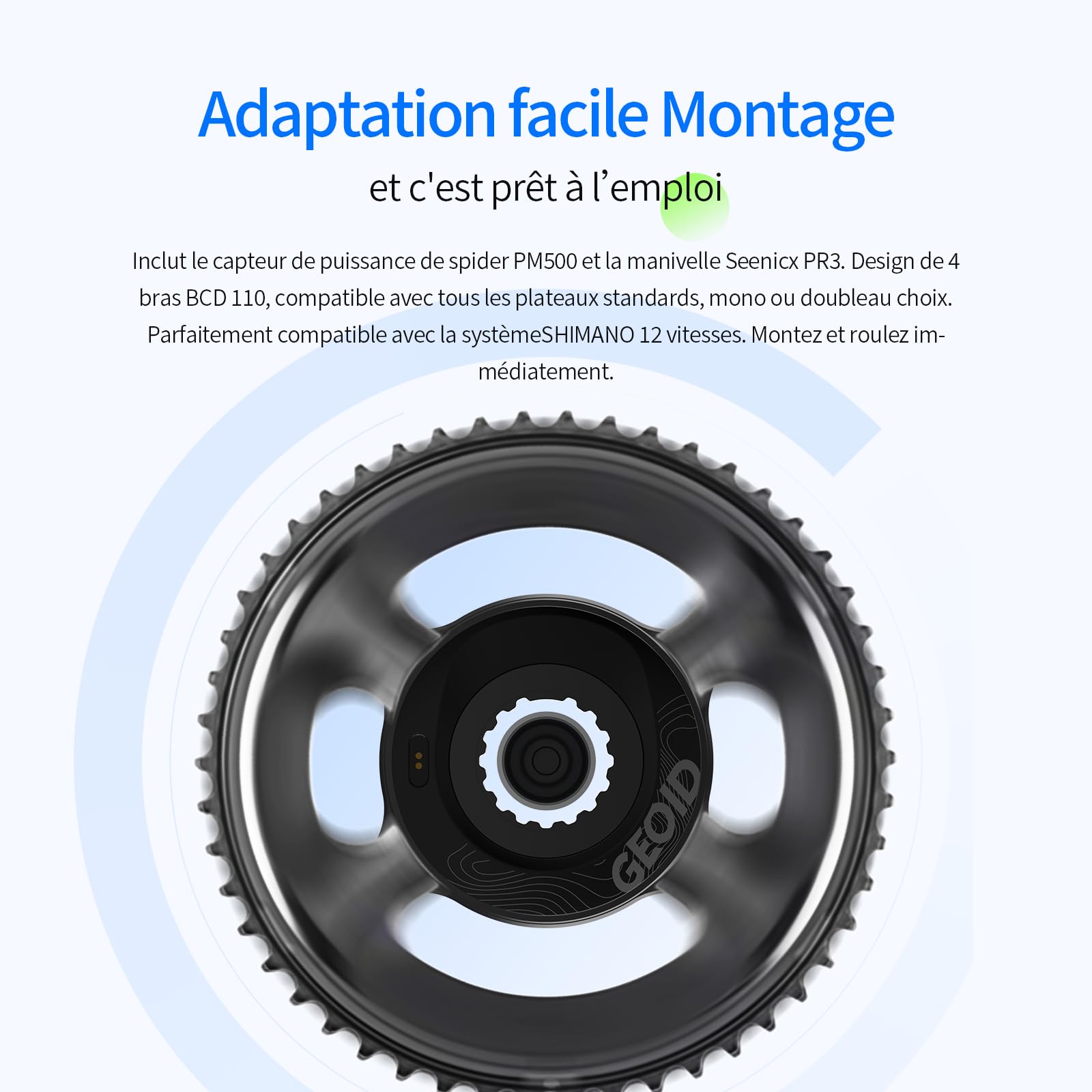 GEOID PM500 Compteur de Puissance pour Vélo de Route - Pédalier Léger 680g avec Précision ±1,5%, Batterie 300 Heures, 110 BCD, Bluetooth/Ant+, IPX7 Étanche