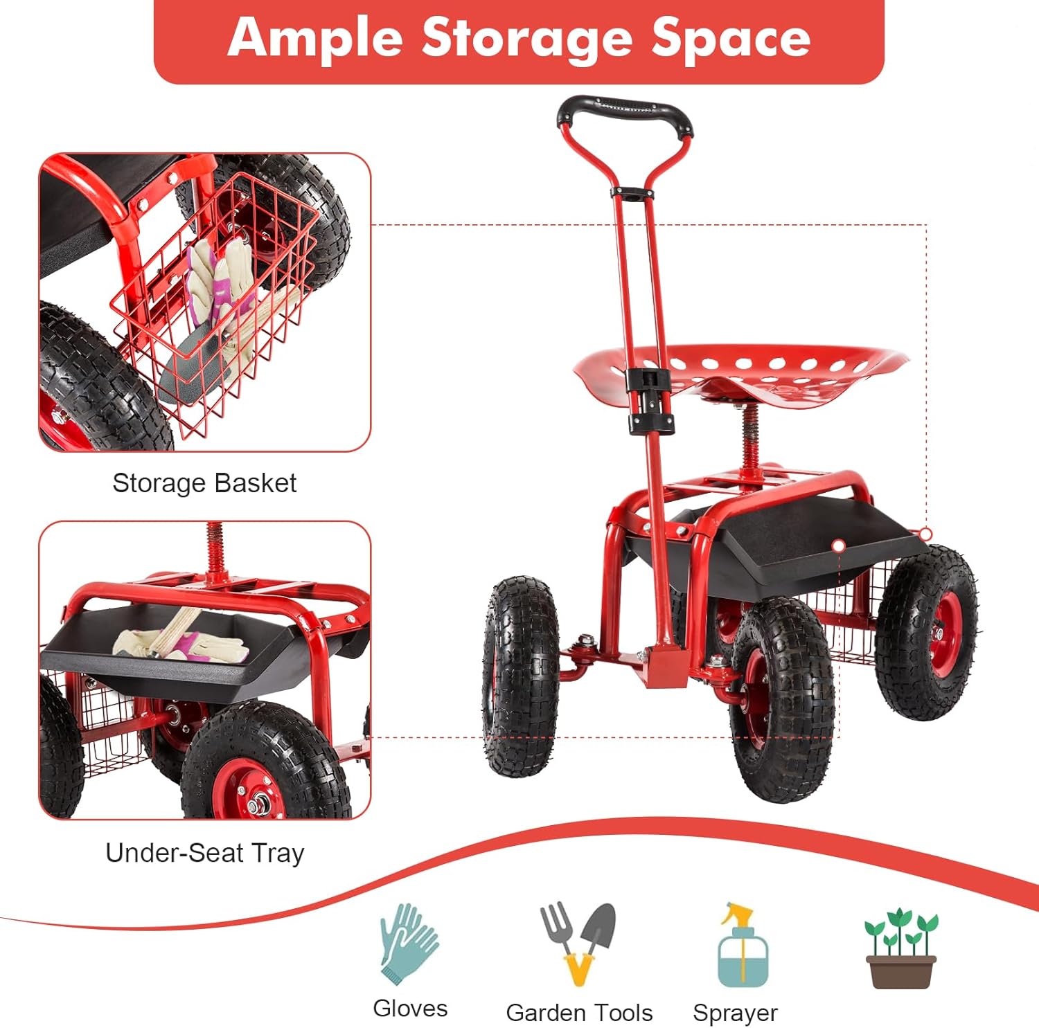J-Sun-7 Garden Cart with Seat - Steel Rolling Garden Scooter Stool with Wheels, 360 Degree Swivel Work Seat, Adjustable Handle, Tool Tray, Basket, Gardening Stools for Seniors, Red