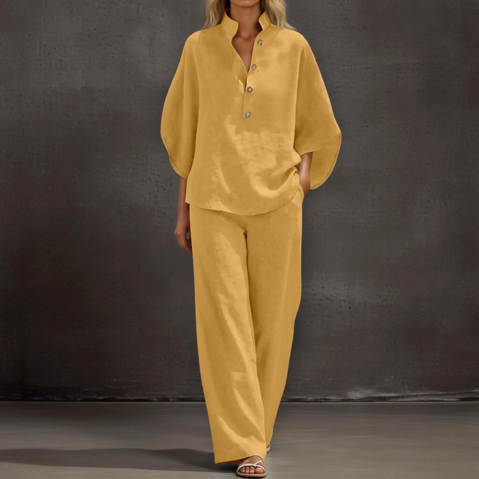 Generisch Traje informal de dos piezas para mujer, monocolor, camisa holgada con cuello alto, botones y pantalones largos, cómodo, informal, verano, diario, vacaciones, ligero, moda