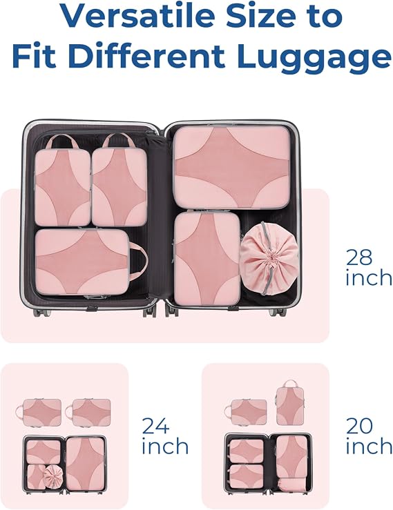 BAGSMART Compression Packing Cubes Set for Travel, 6 Set Packing Cubes Clothes Storage Bags for Carry On Suitcase, Lightweight Travel Essentials (6-Pack (1L+2M+2S+1Shoe Bag), Pink