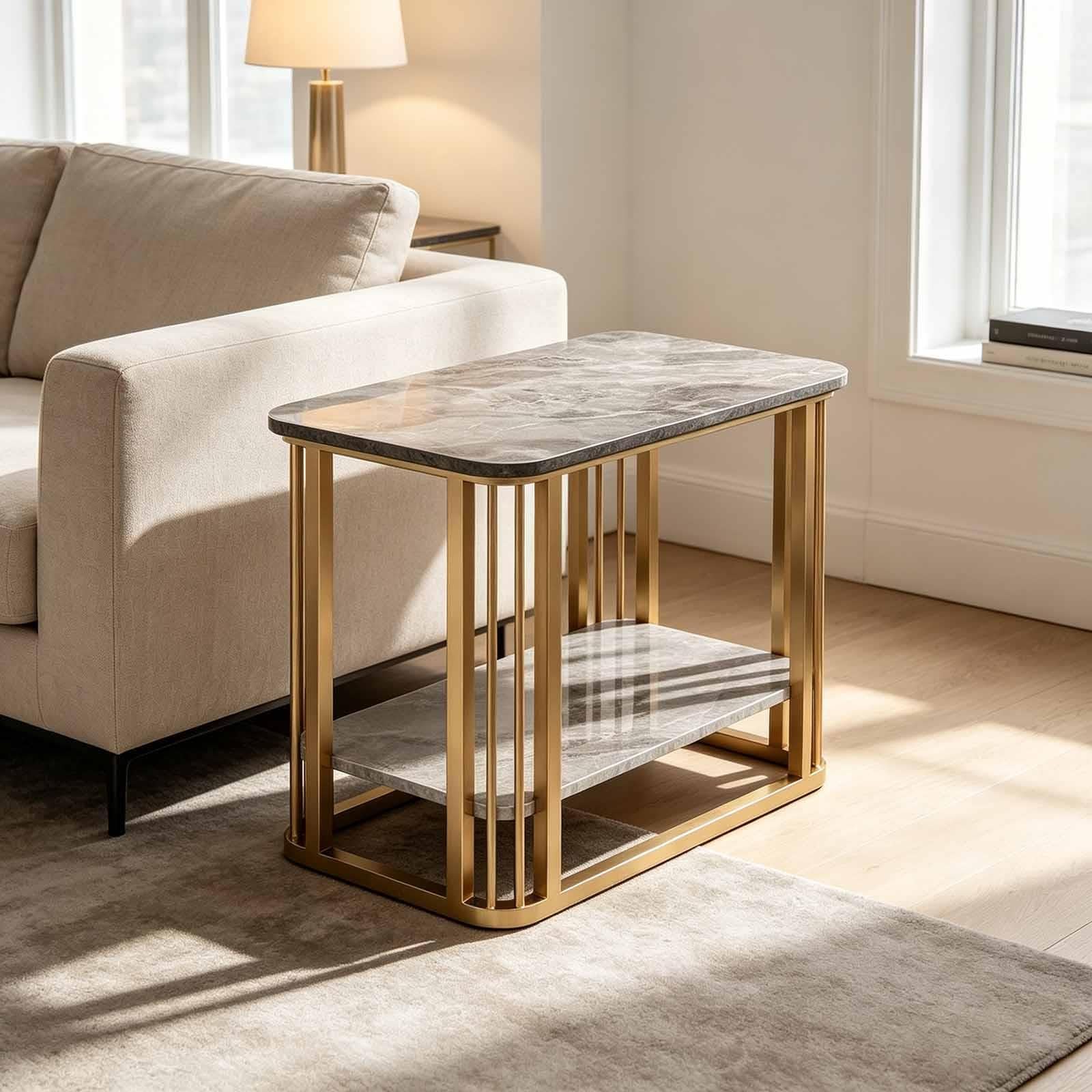Mesa Auxiliar Moderna con Tablero de Piedra Sinterizada y Base Metálica