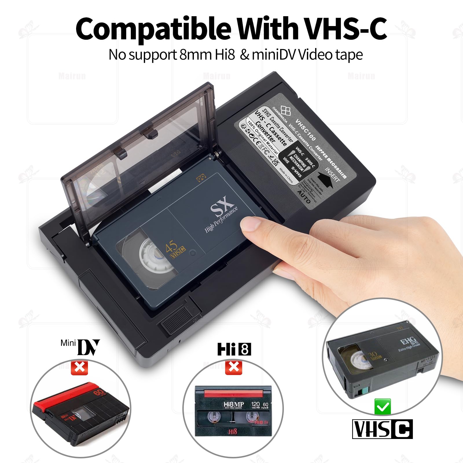 Adaptateur cassette VHS C, compatible SVHS VHS-C vers VHS, caméscopes motorisés, idéal pour lecteur magnétoscope, lecteur de cassette vidéo et conversion VHS vers numérique