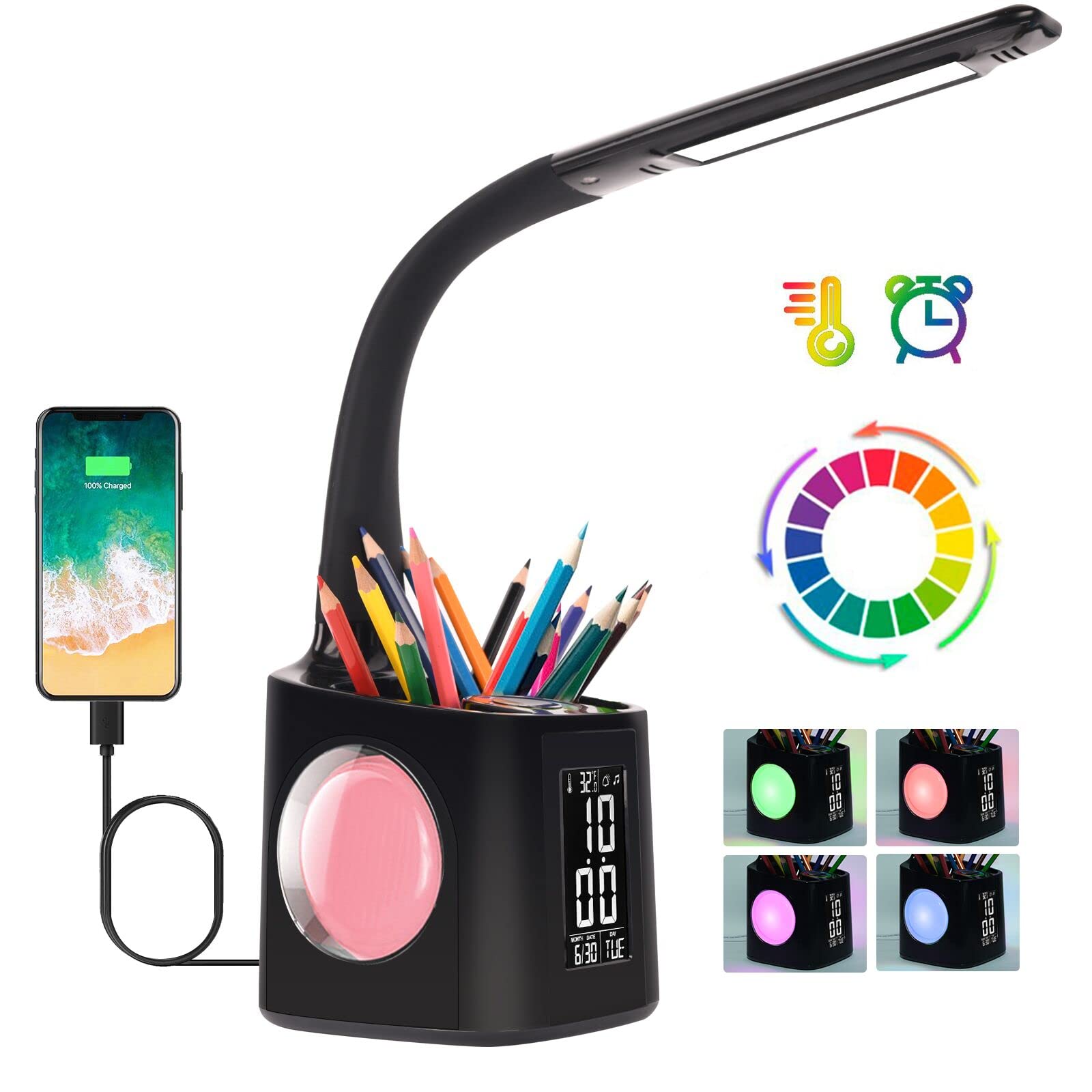 Lampada da scrivania a LED per bambini, dimmerabile, con orologio, da comodino, con luce notturna da 256 RGB, porta USB, 3 livelli di luminosità/sveglia, per studio, ufficio