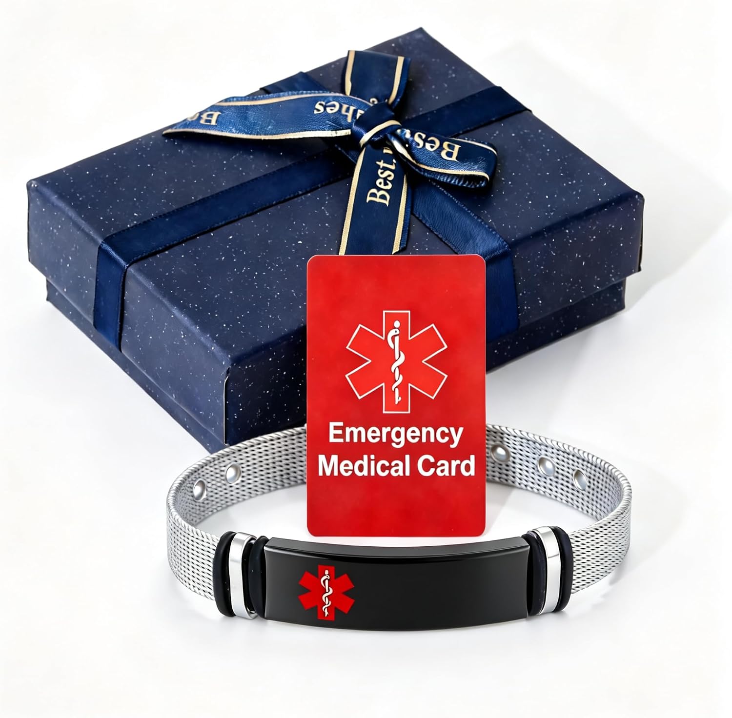 Medical Alert ID Bracelet for Men Women - Adjustable Stainless Steel Engraved Medical Symbol Bracelet, Water-Resistant with Emergency Card Gift Box