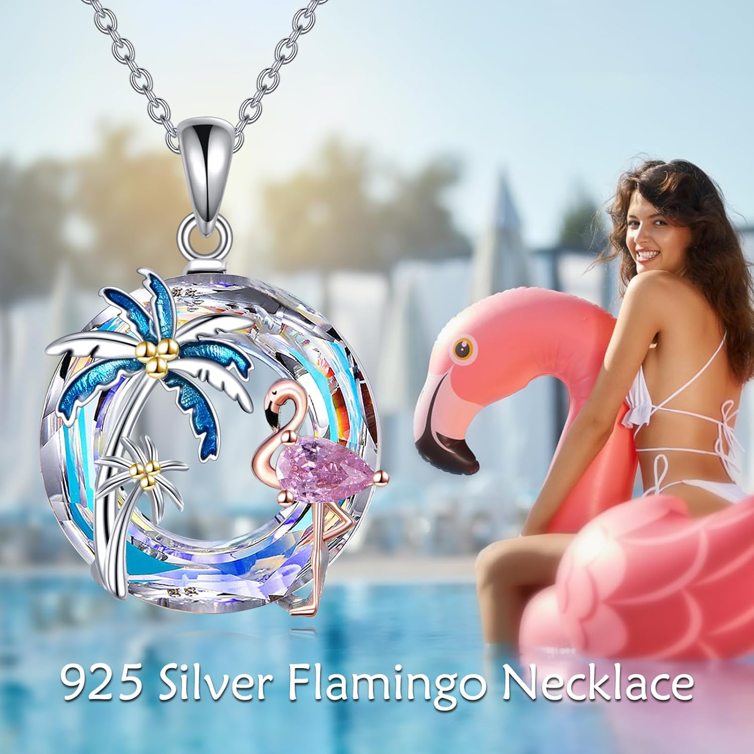 Flamingo Necklace for Women 925 Sterling Silver Flamingo Pendant Palm Trees Necklace Crystal Jewelry Gift - Image 6