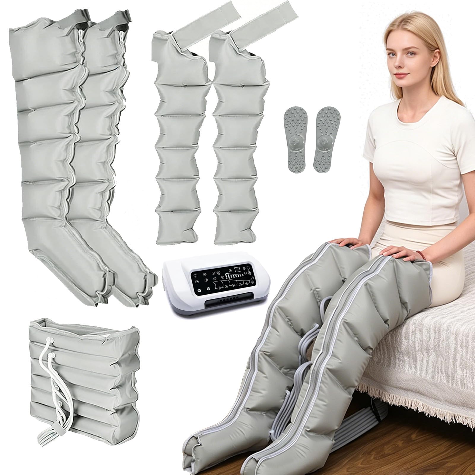 Joyfitness Leg Compression Machine, Full Leg Compression Sleeve, 6 Cavity Pressotherapy Massager Machine with Pressure Sensor, Wireless Remote Control, Auto Exhaust, Promotes Circulation