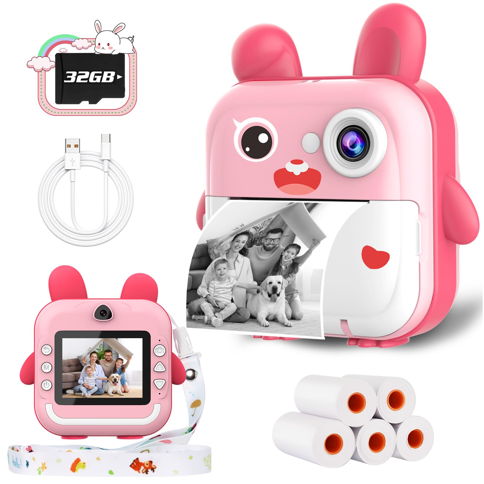 TOYOGO Cámara Instantánea para Niños, 32G Digital Printing Camera, 1080P & 12 MP HD Dual Lens, 2.4 Inch Screen, 5 Rollos de Papel, Birthday and Christmas Toy Gift for Boys and Girls