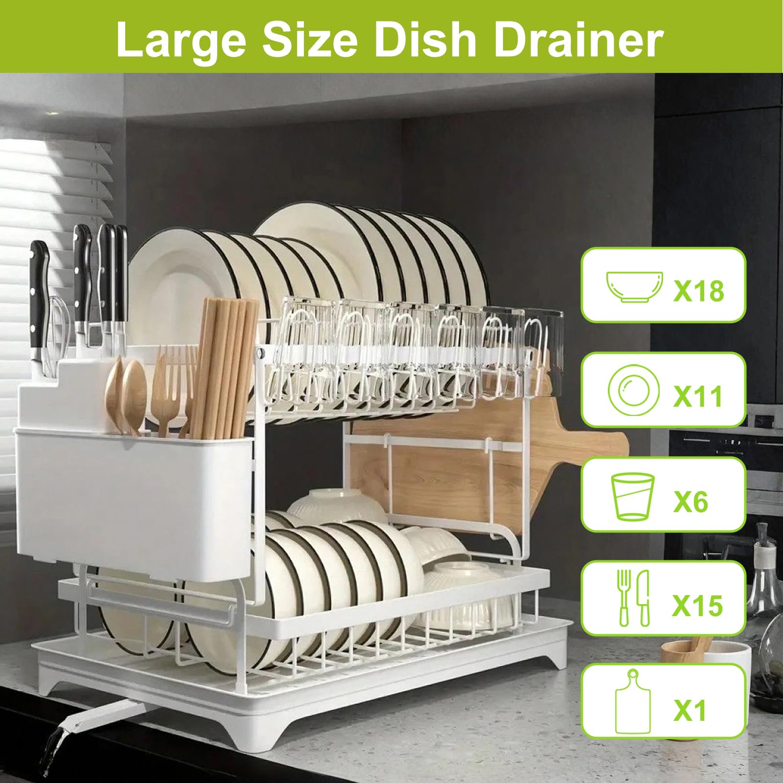 Escurridor de platos de metal resistente de 2 niveles con superficie de drenaje y soporte de silicona – Nizador de cocina para platos, tazas, botellas, utensilios – Ahorro de espacio, duradero y fácil