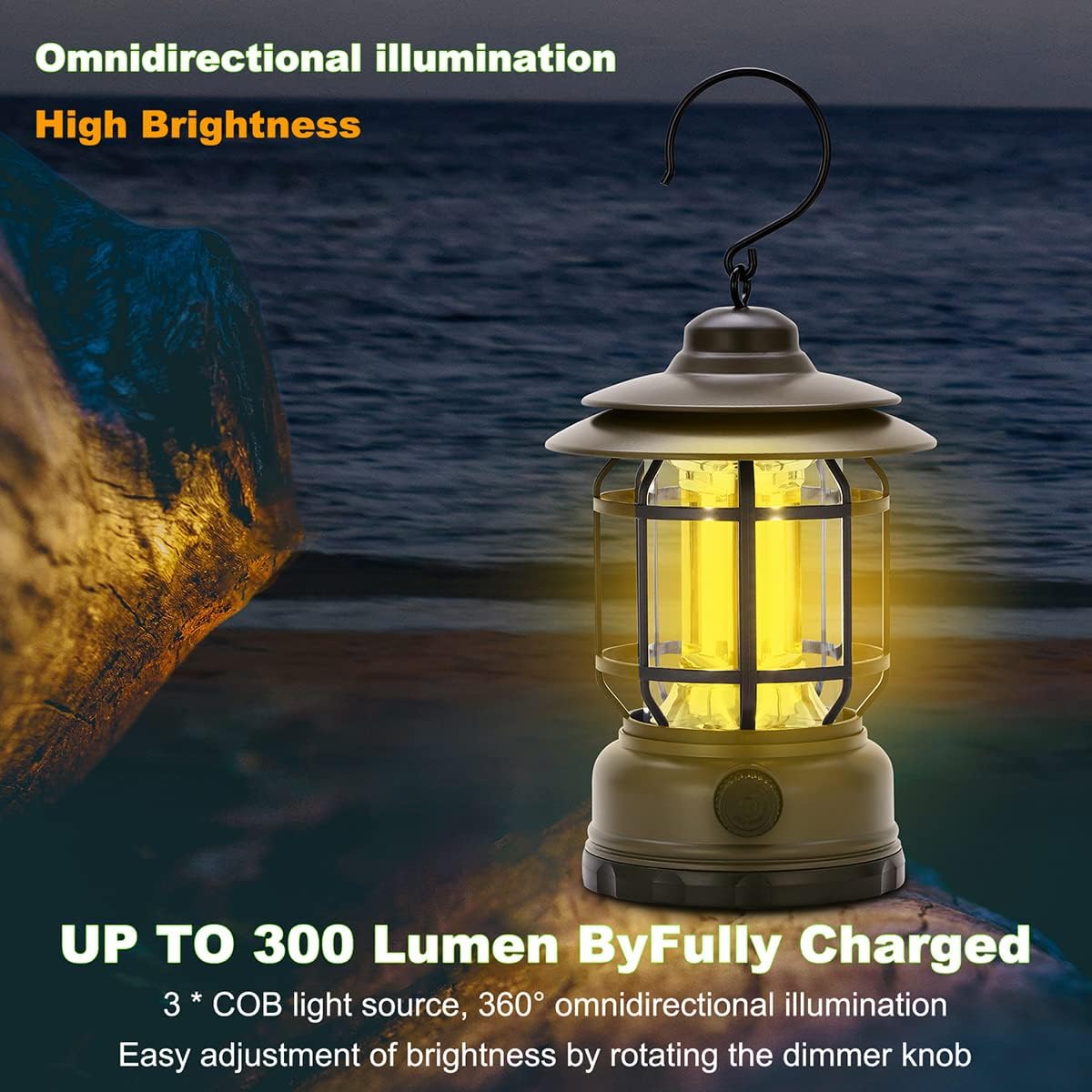Rechargeable Portable LED Camping Lanterns, Vintage Style Tabletop Lantern, Stepless Dimming, Waterproof IP44, Green, 2 Pack for Camping, Hanging Tent Light, and Power Outages