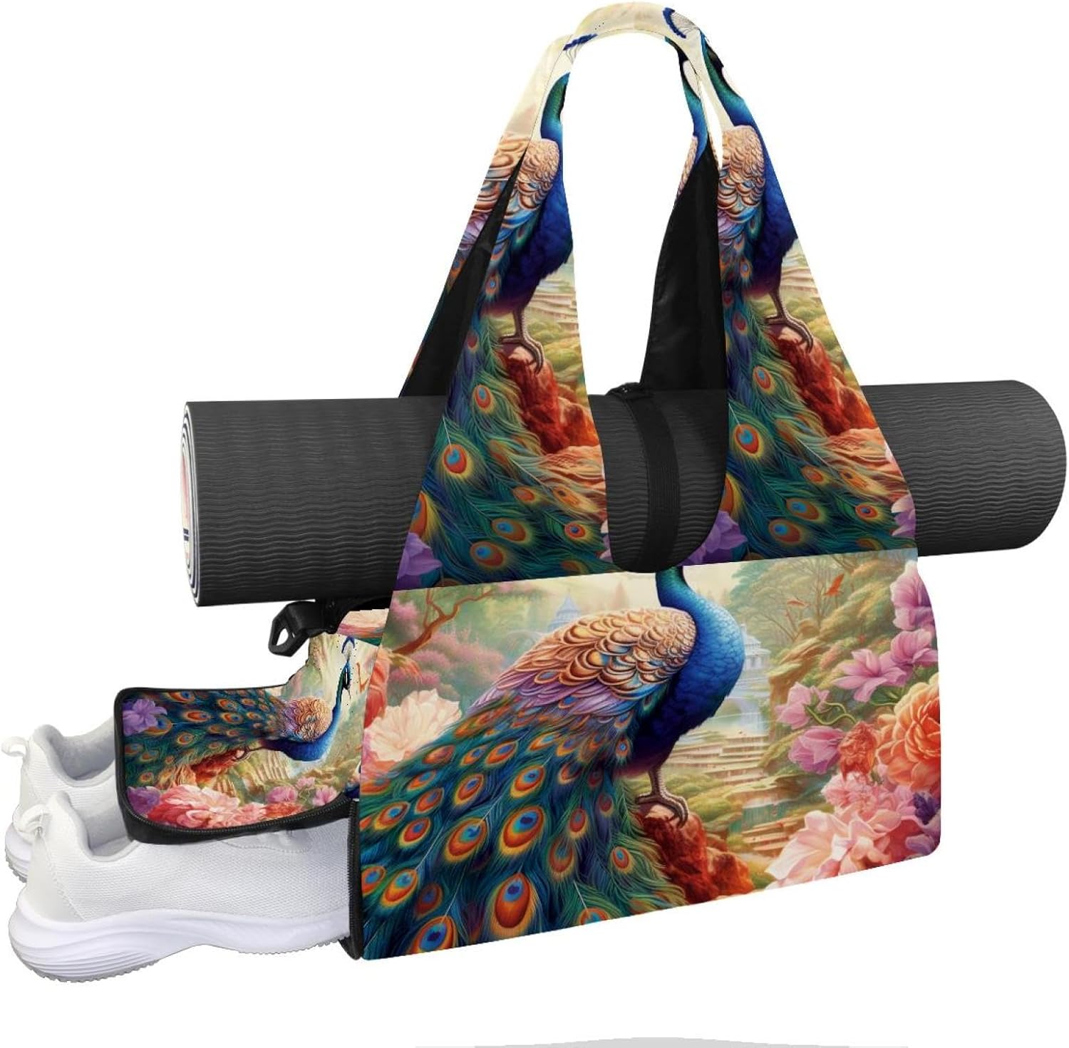 Gym Bag for Women, Peacock Feather Yoga Mat Bag with Shoe Compartment, Sport Yoga Gym Bag with Yoga Strap, Carryall Yoga Tote Bag