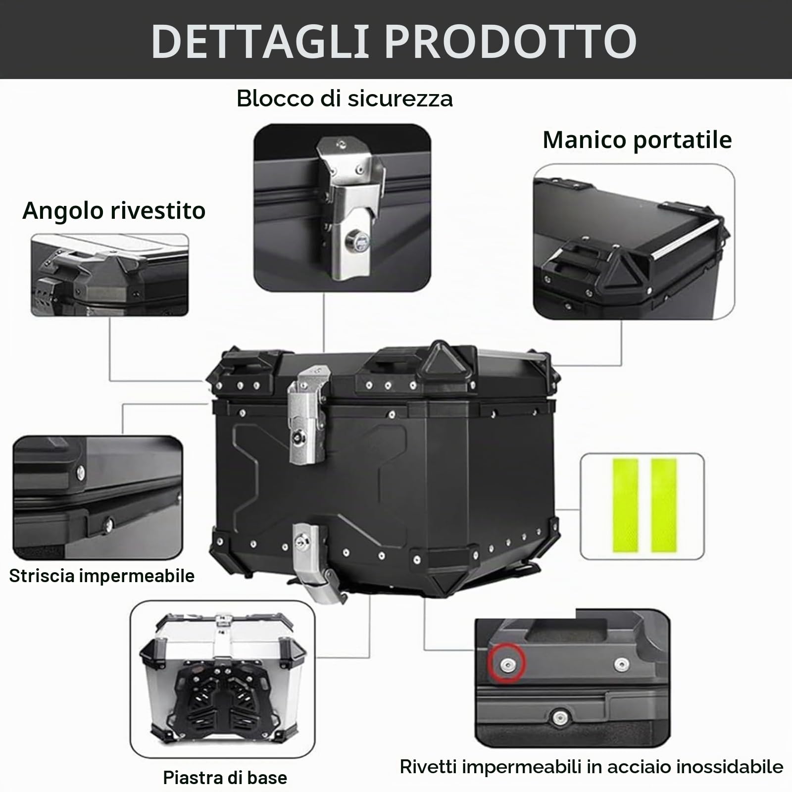 Bauletto per Moto in Lega di Alluminio Impermeabile Con Serratura di Sicurezza per Casco 45L 55L 65L 80L 100L Black, 55L