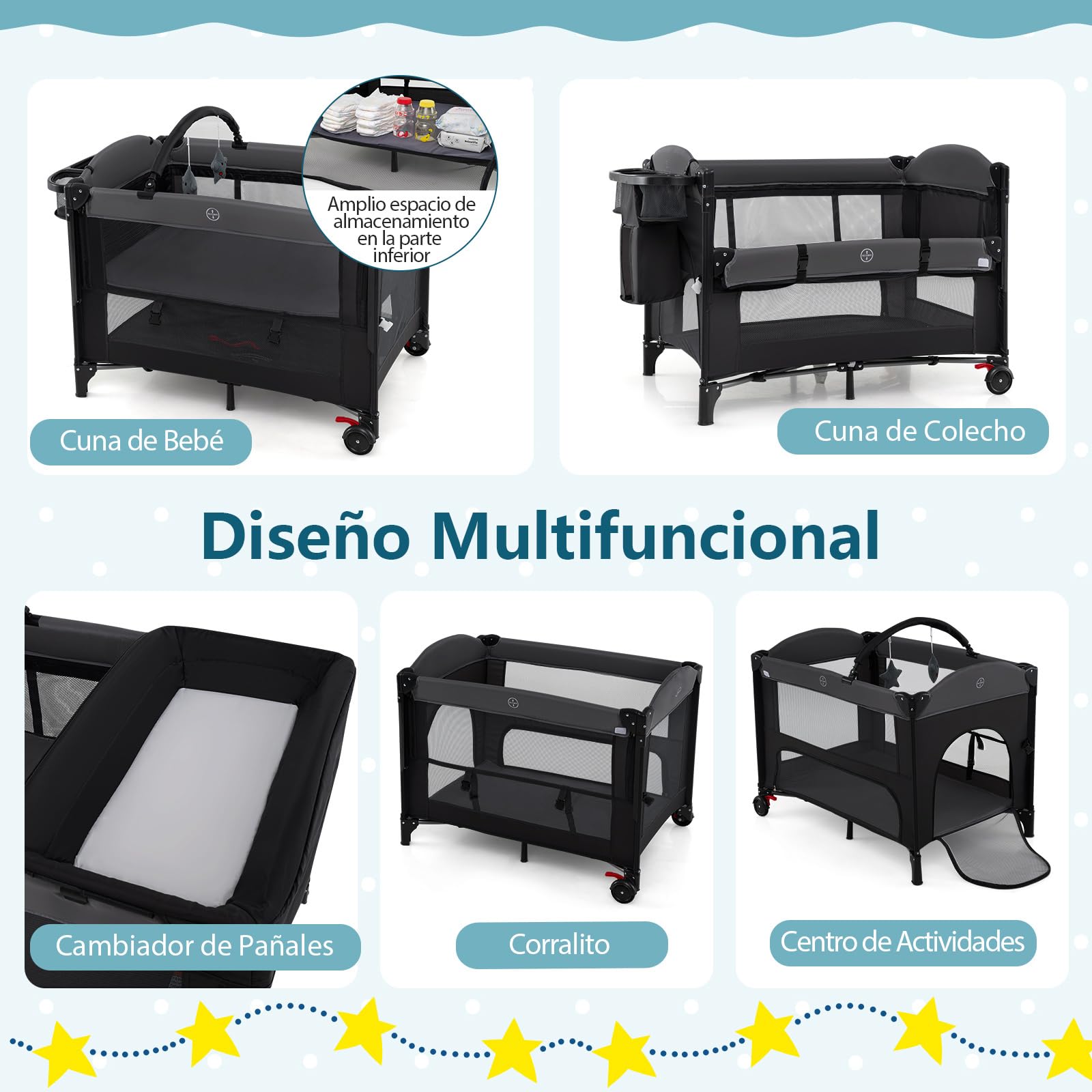 COSTWAY Cuna de Viaje Plegable con Cambiador, Moisés Portátil para Bebés, Cuna de Colecho con 4 Alturas Ajustables, Colchón, Dosel con Mosquitera, Almacenaje, Barra de Juguetes y Bolsa