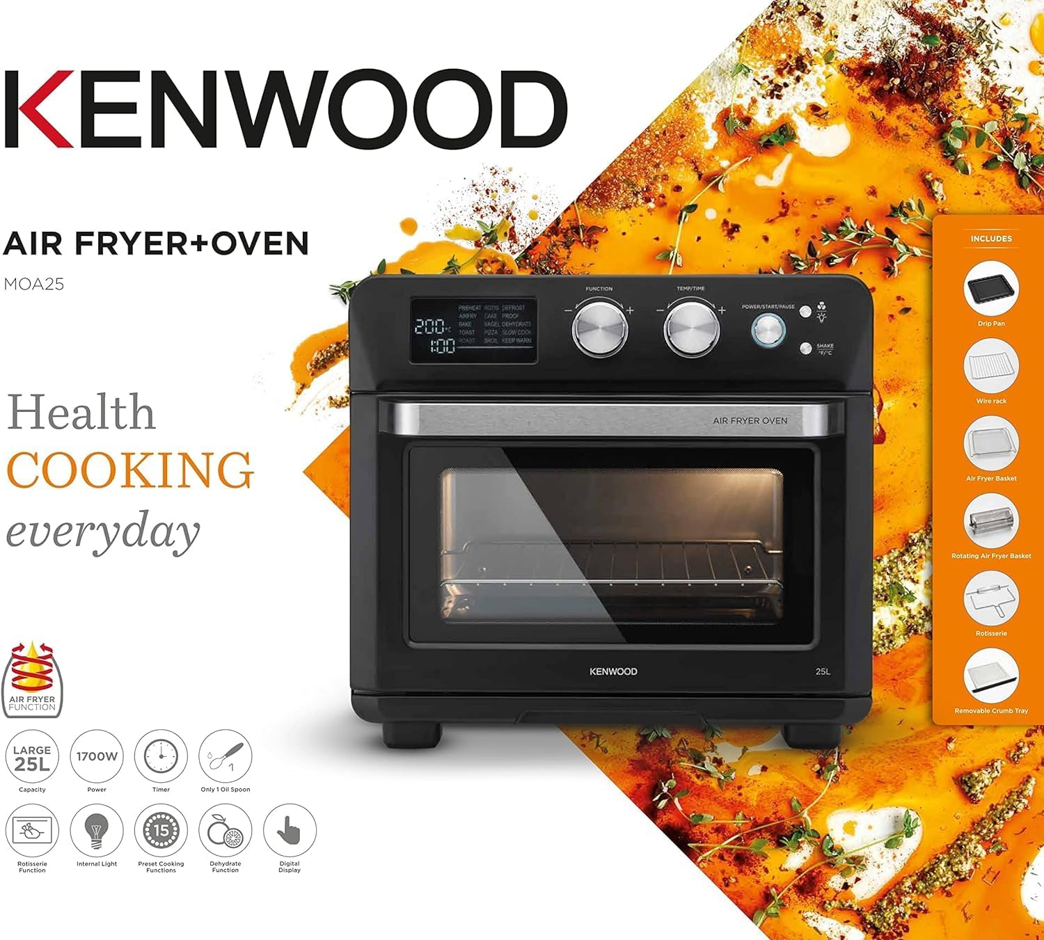 KENWOOD 2-in-1 25L Toaster Oven + Air Fryer with included accessories listed
