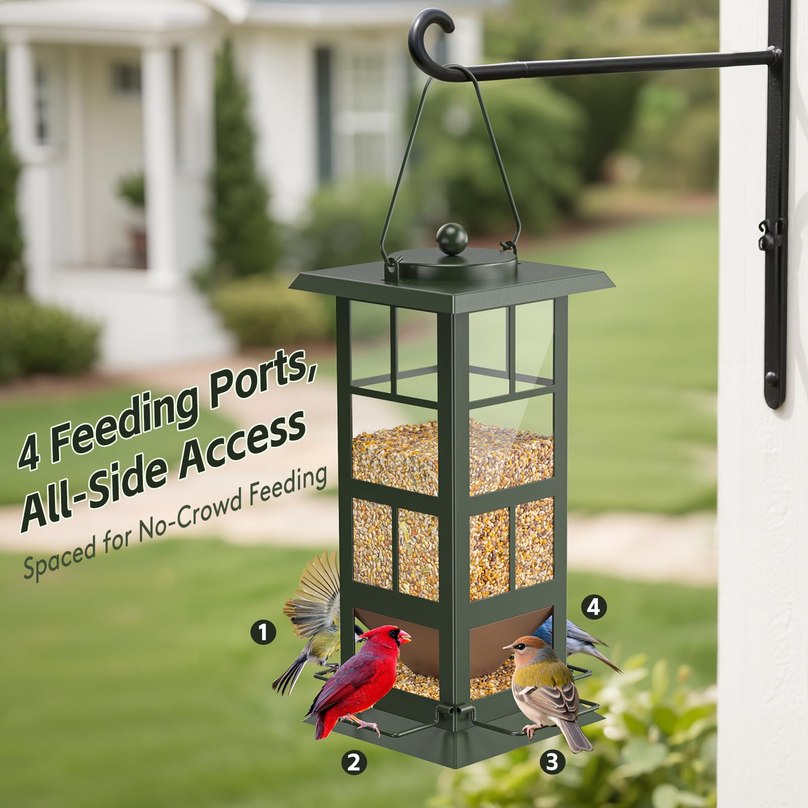 Wildpark Comedero colgante de metal para pájaros con 4 agujeros de drenaje, fácil de llenar, diseño resistente a la intemperie, atrae cardenales, Blue Jays y más