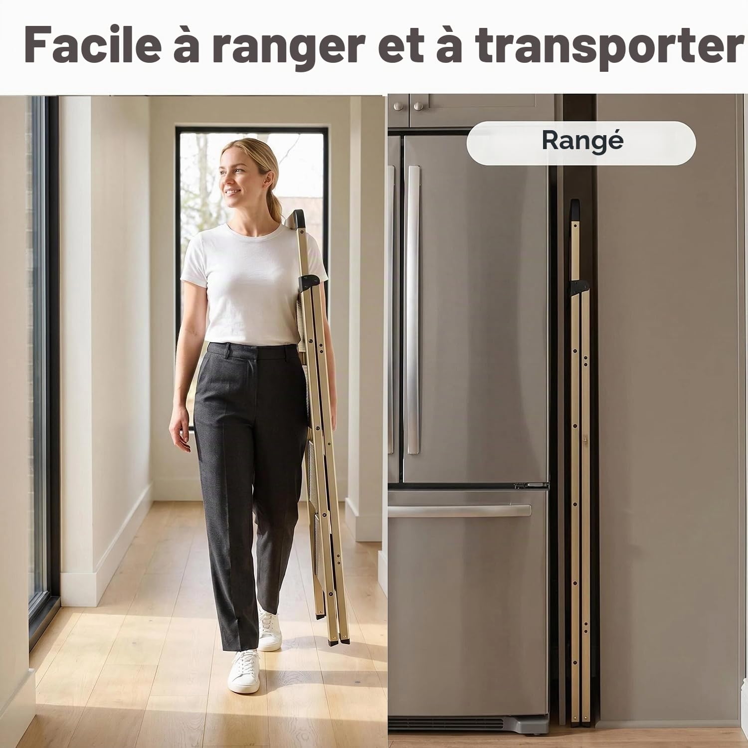 Escabeau Pliable à 3 marches en Aluminium, Finition Or Champagne, antidérapant, Portable, Robuste pour la Maison et la Cuisine, Le Bureau, 150 kg