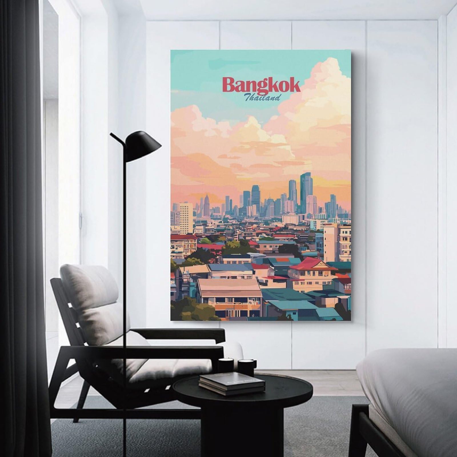 Junmoney Room Decor Wall Art Bangkok Thailand Cityscape Illustration, 24x36inch(60x90cm), for Flats, Guest Rooms Or Compact Rooms, Wall Decor with Flexible Room Appeal