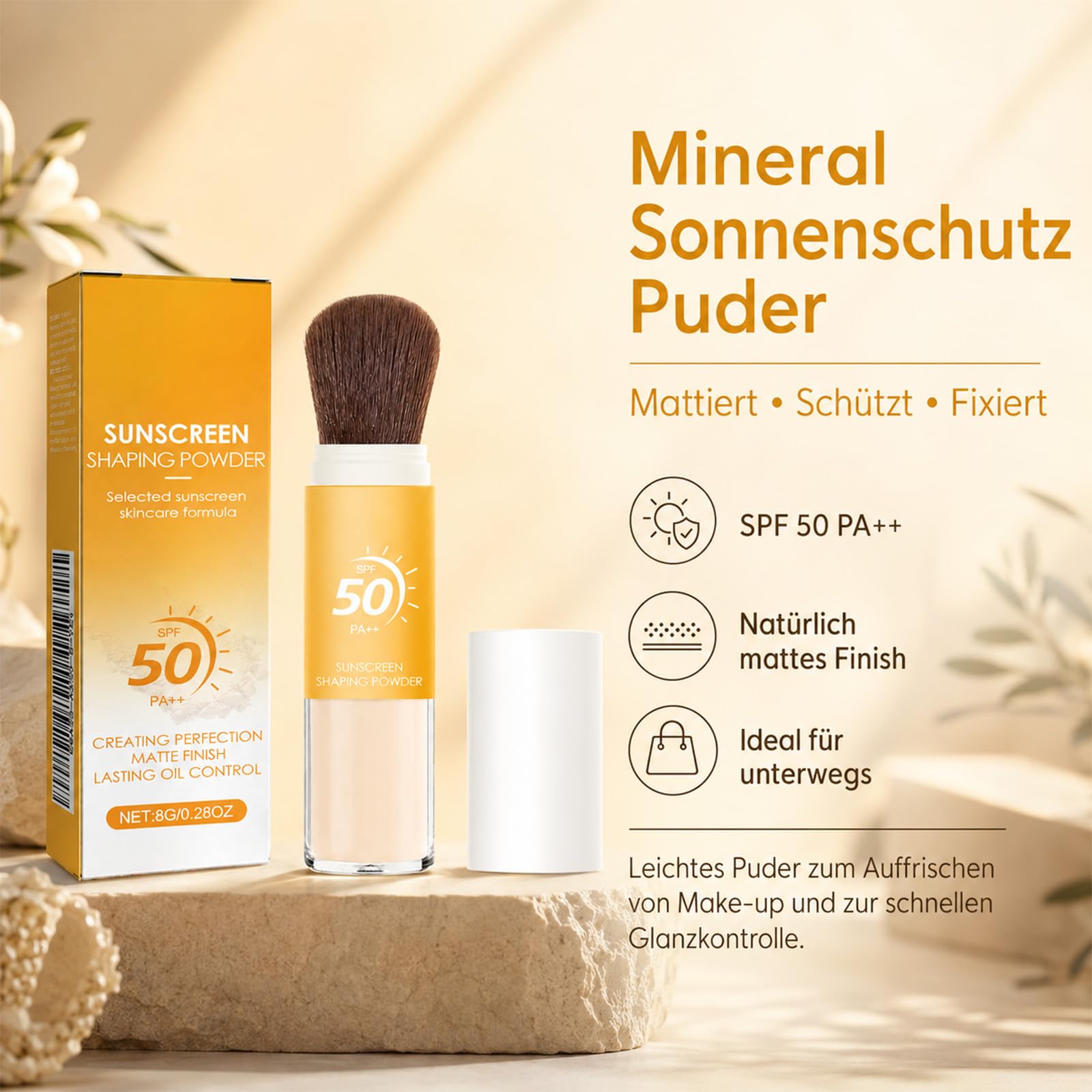 EONFAVE Ochrona przeciwsłoneczna SPF 50 PA++, puder utrwalający z pędzlem, matujący puder utrwalający do twarzy z Oil Control, przezroczyste wykończenie makijażu w podróży