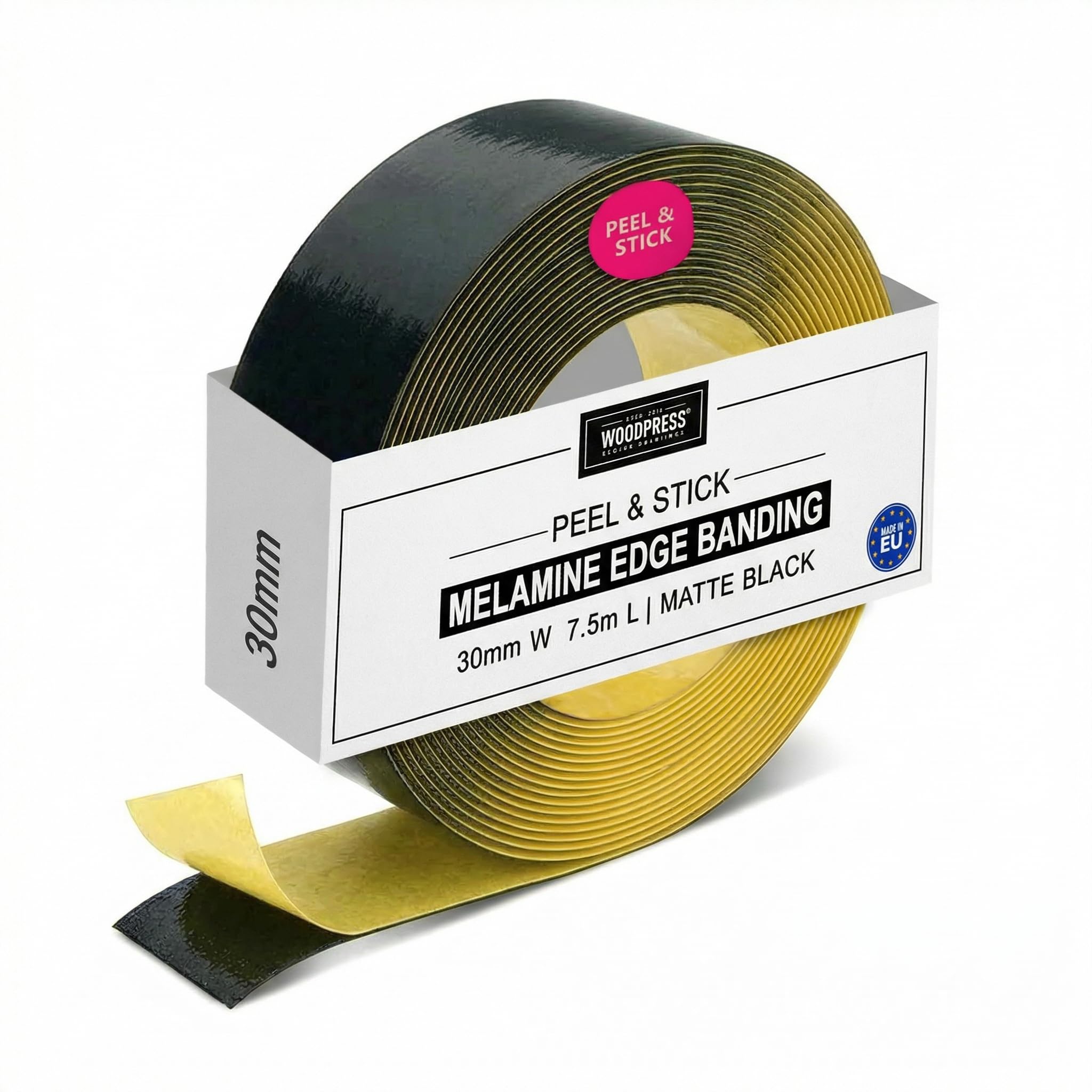 WoodPress® 30mm Matt Black Peel & Stick Edging Tape - 7.5m Self-Adhesive Melamine Trim - Veneer Strip w/Sticky Backing - Easy DIY Fix (No Iron On) Edge Banding for Repair to Worktop, Shelf, Cabinet