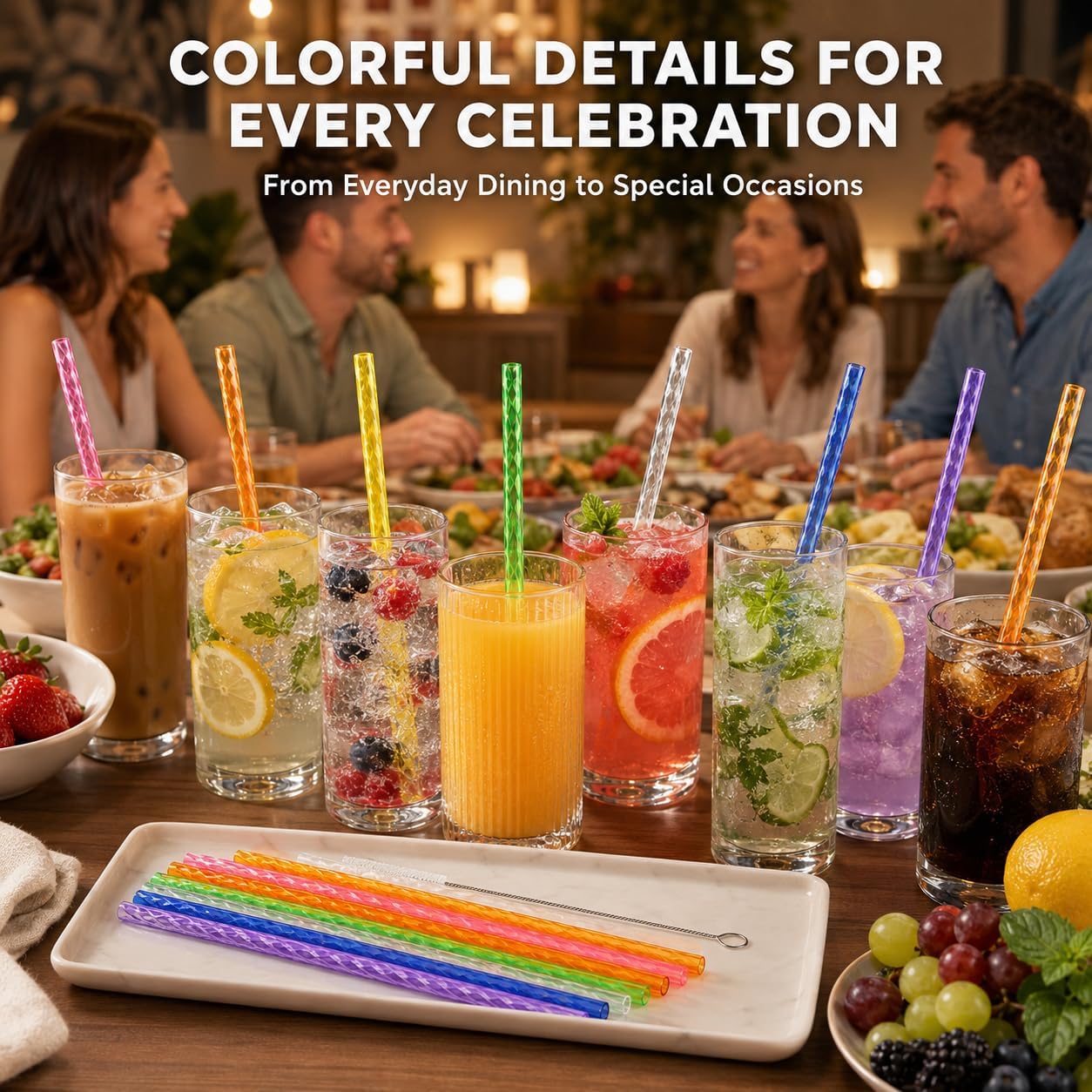 50Pcs Reusable Plastic Straws, 9 Inch Hard Drinking Straws with Cleaning Brush, Colored crystal Straws for Mason Jars, Tumblers, Iced Coffee, Smoothies, Cocktails and Party Cups