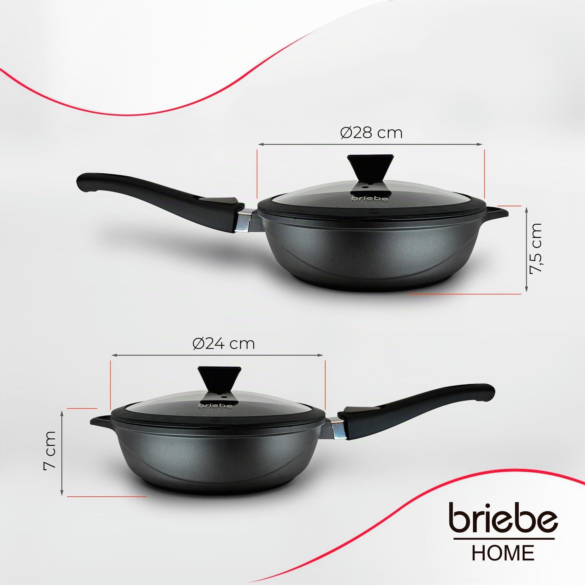briebe Pfannenset Induktion 2 Abnehmbare Griffe 2-Teilig Pfannen Tiefe 24cm, 28cm mit Glasdeckel Gussaluminium, Antihaft ILAG GRANITEC ohne PFOA, Glaskeramik, Gas, Ofen MGK-19S