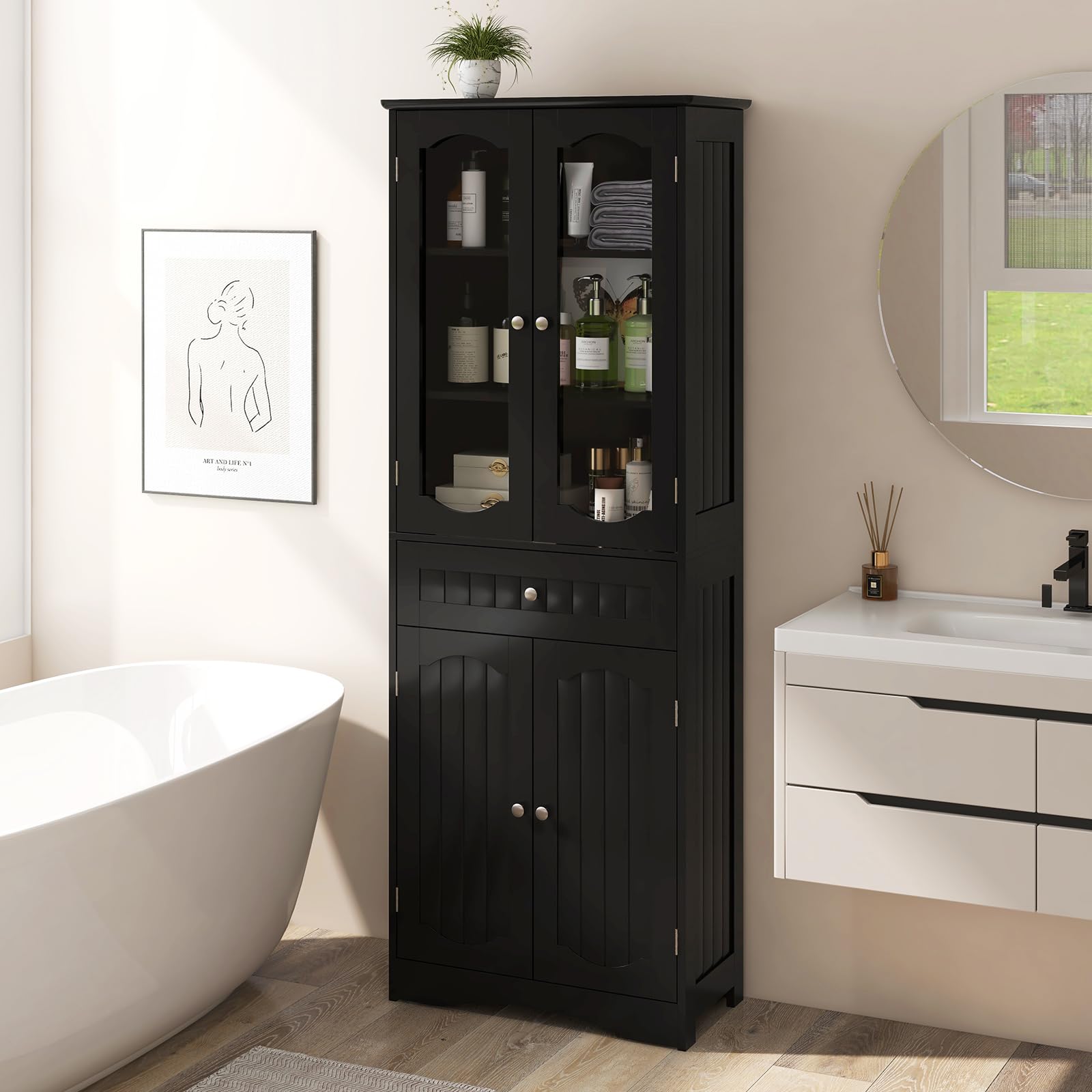 GOPLUS Armario de Baño Alto de 160 CM, Armario de Almacenamiento Independiente con Puertas de Vidrio Templado, Estantes Ajustables y Cajón Grande, Organizador Estrecho para Cocina (Negro)