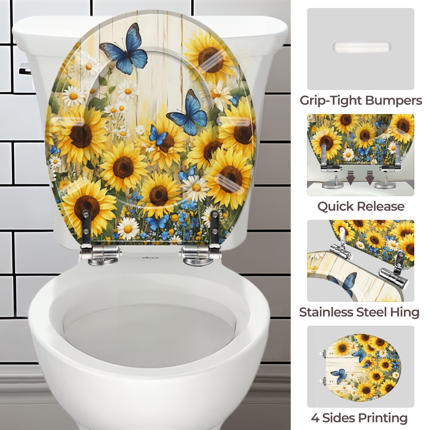 Asiento de inodoro redondo de resina con diseño floral y bisagras de cierre suave y liberación rápida para baño.