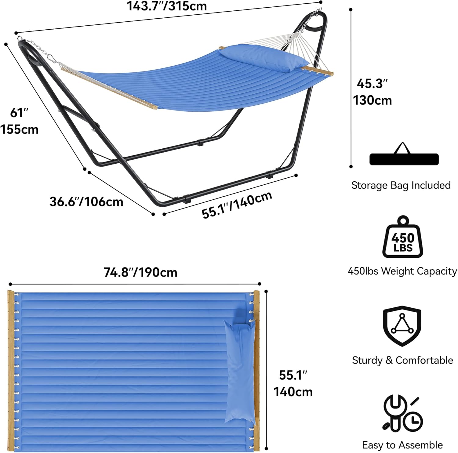 YITAHOME Hammock with Stand Included Hammock Heavy Duty Hammocks 12FT Waterproof Portable Hammock with Pillow Storage Bags 450lbs for Outdoors,Backyard,Blue