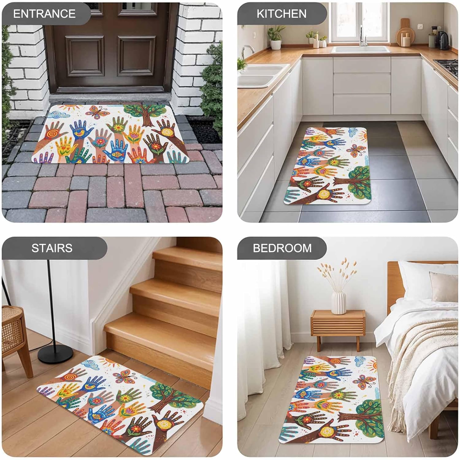 Cartoon Children's Day Door Mat Indoor Outdoor Entrance,Non Slip Small Rug for Kitchen Bathroom Entryway Rug,Colorful Handprints Abstract Art Washable Doormat Floor Mat for Office Decor 18x30 Inch