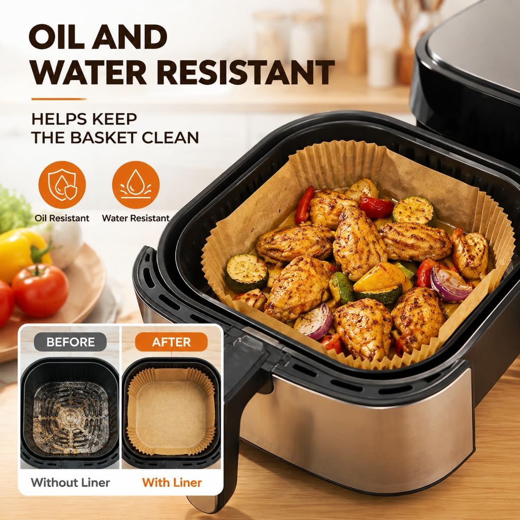 100PCS 8” Square Air Fryer Liners for Ninja: Higher Non-Stick Disposable Parchment Paper Liner for Ninja DZ201/DZ401 Dual Airfryer Baking-Ninja Air fryer Accessories