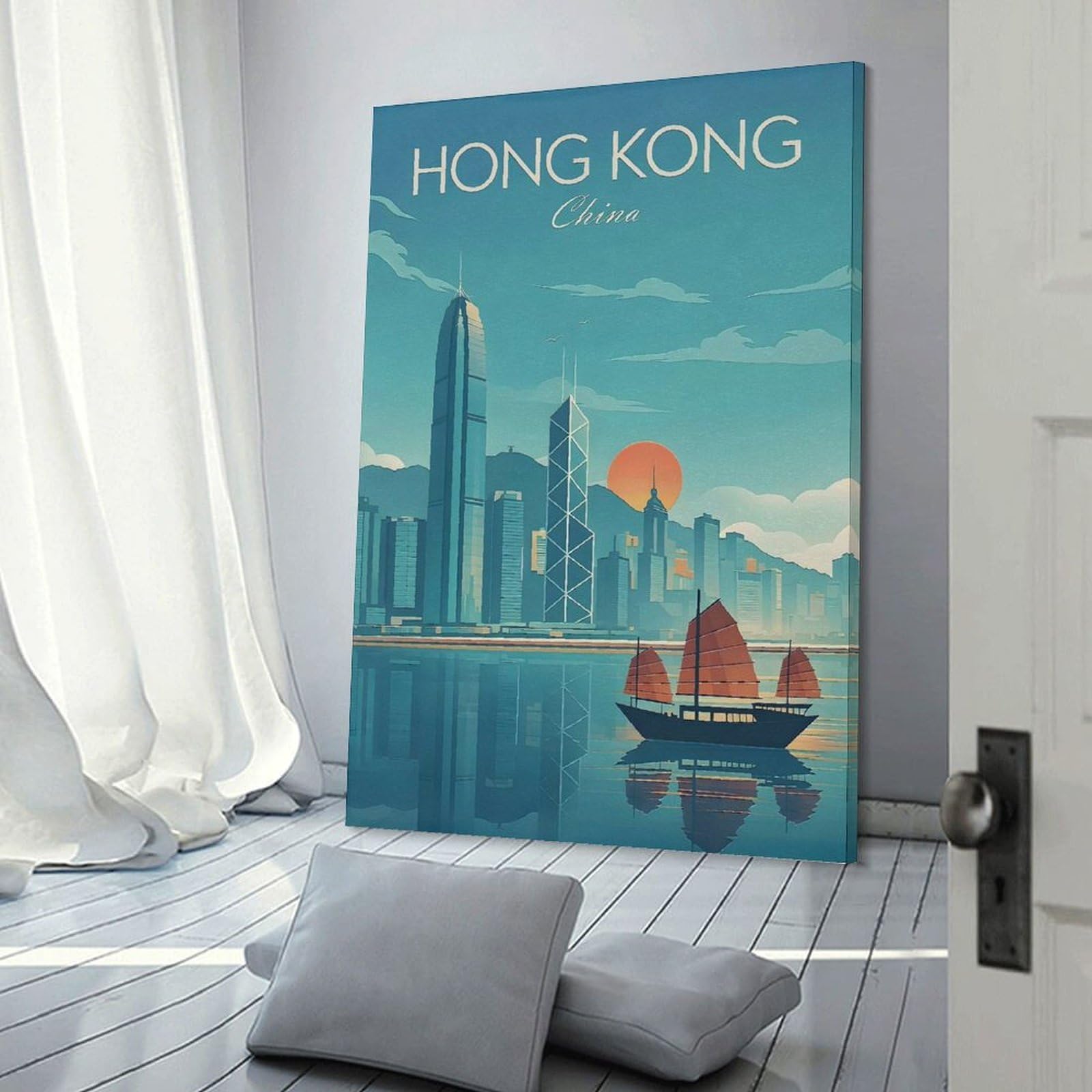 Junmoney Frame-Style-15 Hong Kong Skyline With Junk Boat Wall Art Print, 20X30inch(50X75cm), For Living Room, Bedroom, Office Or Hallway, A Flexible Wall Accent For Shared Spaces