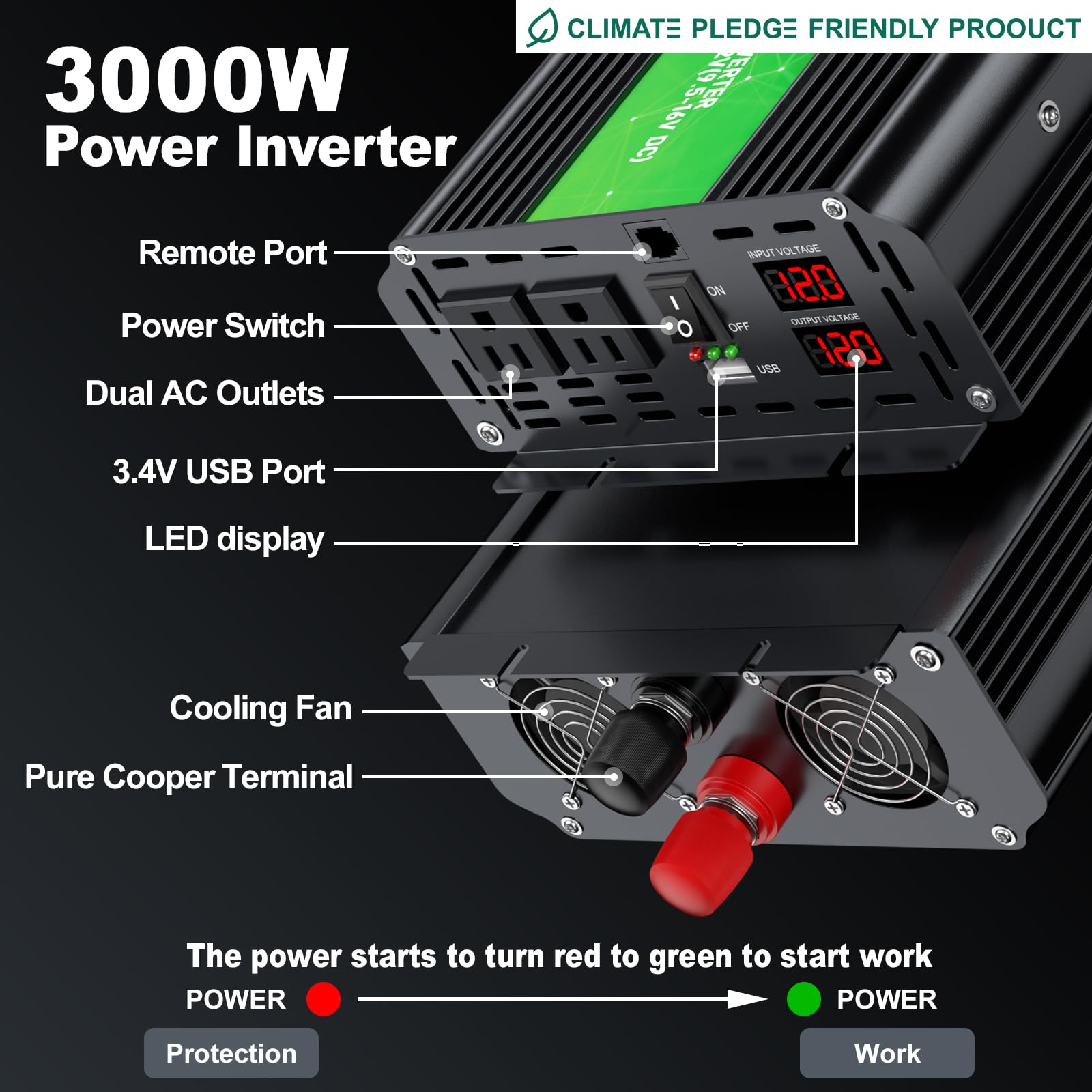 3000 W przetwornica mocy, maksymalna moc 6000 W, 12 V DC na AC 110 V120 V, pilot zdalnego sterowania z wyjściami 2 AC i portem USB 2.4, wyświetlacz LCD do konwertera energii, aktywności na