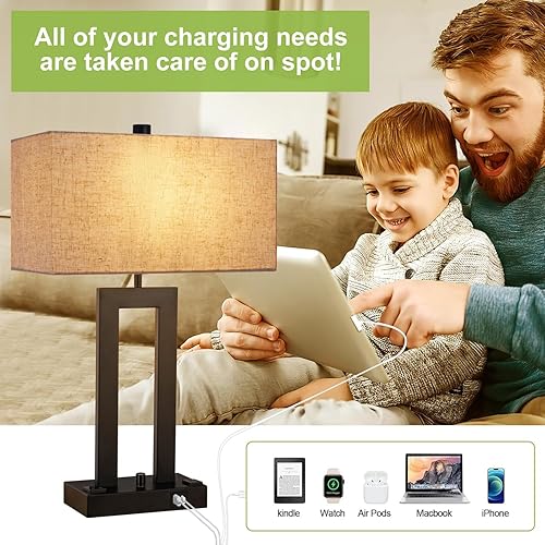 Miniatura 4 de Juego de lámparas de mesa modernas de 2 a 22 pulgadas de alto con puertos de carga USB-CUSB-A y tomacorriente, de tela regulable, color crema,