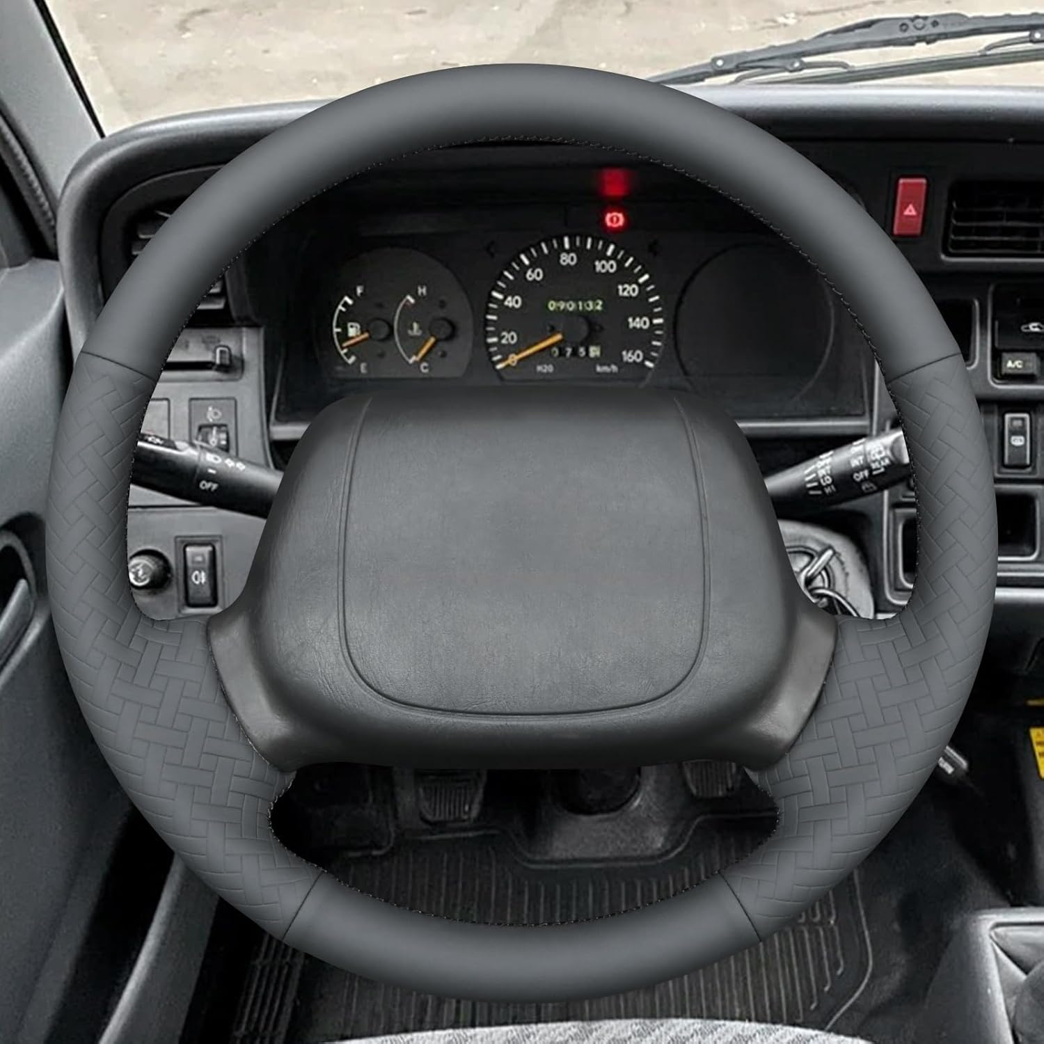 MEWANT Hand Sew Grey Solid Woven Embossed Faux Leather Steering Wheel Cover for Toyota Tacoma 1995-2000 4Runner Avalon
