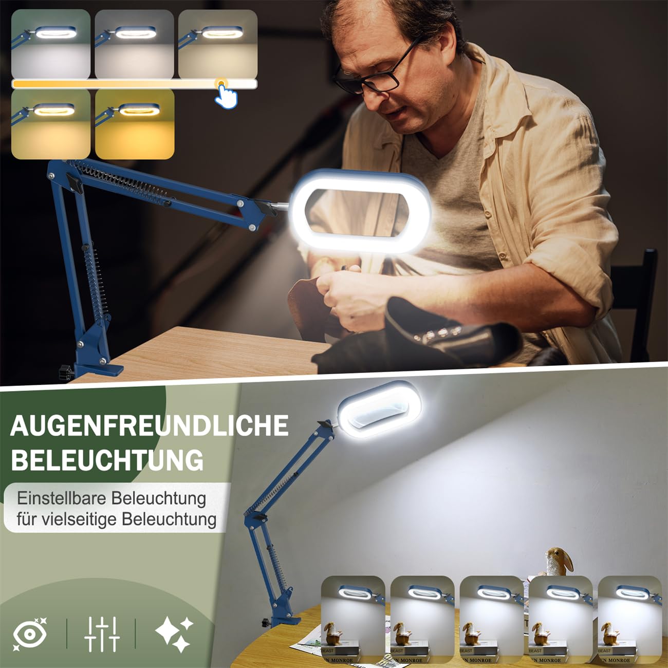 Veemagni Lupa Rectangular 12X con luz y Soporte, 5 Modos de Color Regulable sin Niveles, lámpara de Escritorio 2 en 1 con iluminación LED y Abrazadera, Manos Libres, Lupa de Lectura para Leer