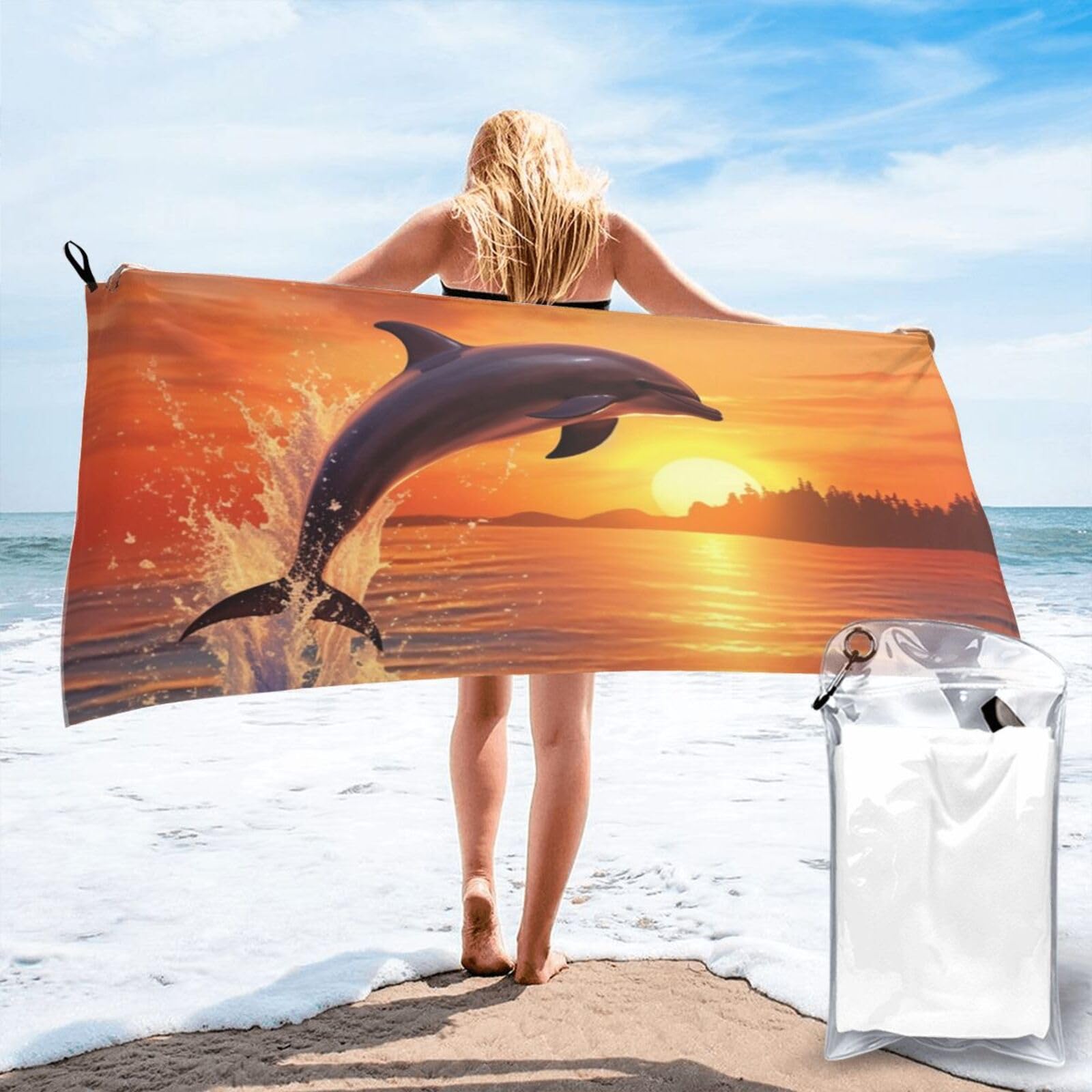 DWVTSLH Microfiber Sand Free Beach Towel 27.5"x55", Quick Dry Absorbent Travel Towel Large Camping Blanket, Sunset Dolphin Bath Towels Lightweight Pool Swim Towels for Vacation Essentials