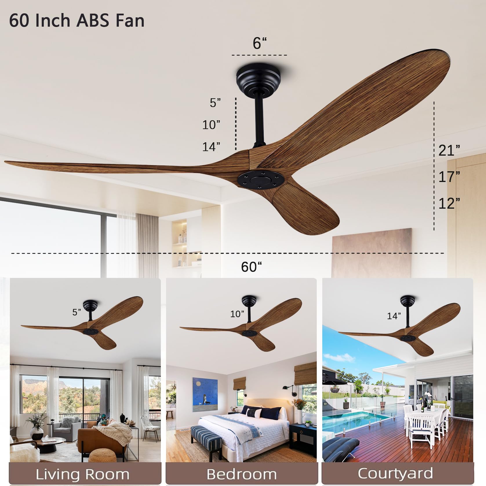 60 Inch Ceiling Fan With Remote - Modern Indoor/Outdoor DC Motor Fan With Dark Walnut Blades