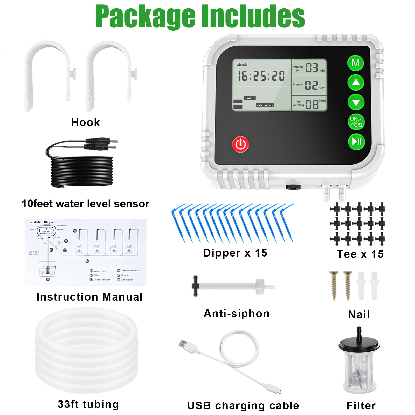 Lewisia Sistema di irrigazione a goccia automatico, kit di irrigazione automatica per interni con display LCD con timer per 15 piante in vaso, protezione da mancanza d'acqua, ricaricabile tramite USB