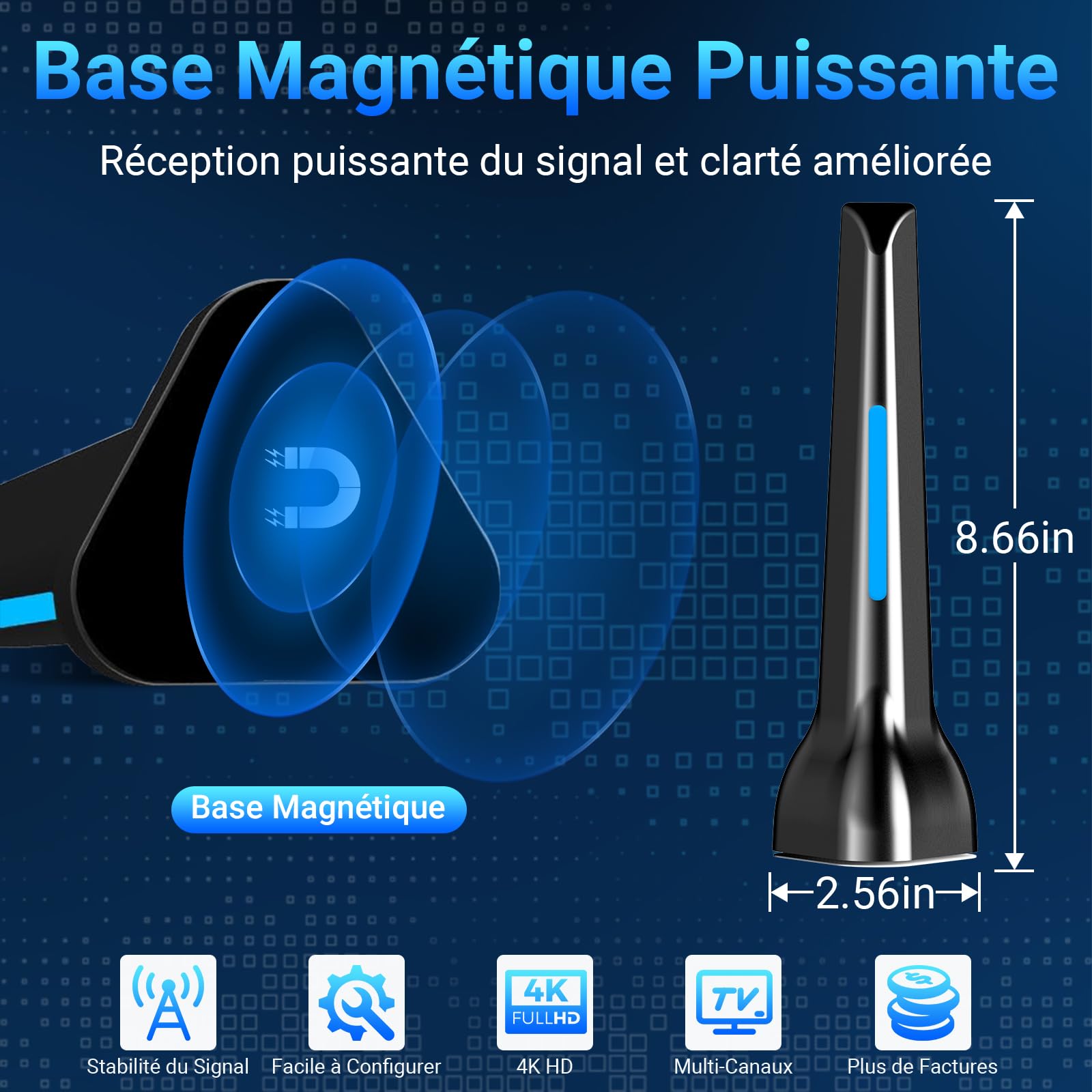 Antena de TV interior potente con amplificador de señal de alta ganancia - Recepción de 360° de largo alcance, base magnética para fijación fácil, compatible con televisores HD/1080p/4K
