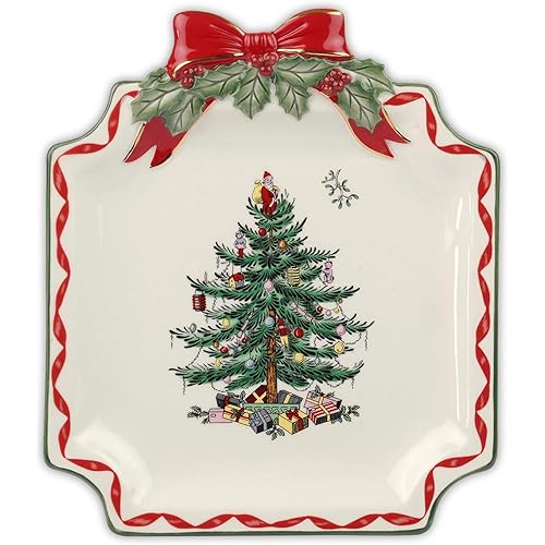 Spode Christmas Tree Ribbons Canape Platter - 6.5-Inch Holiday Serving Plate for Desserts, Appetizers, and Treats - Festive Earthenware Christmas Dinnerware with Gold Accents - Dishwasher Safe