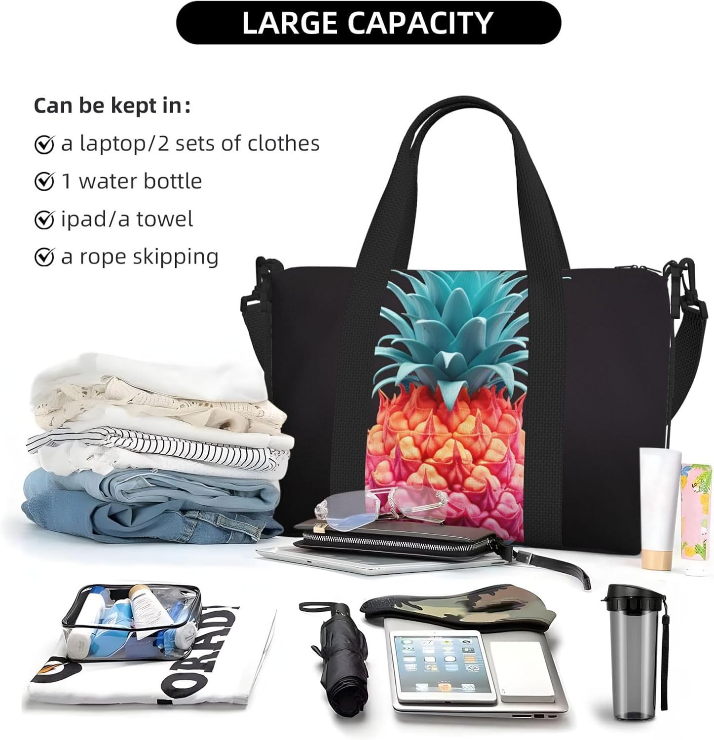 Travel Duffel Bag for Women Men Weekender Bags Sports Gym Bag Colored pineapple Travel Bag Carry on Overnight Bag Waterproof Luggage Bag with Shoulder Strap
