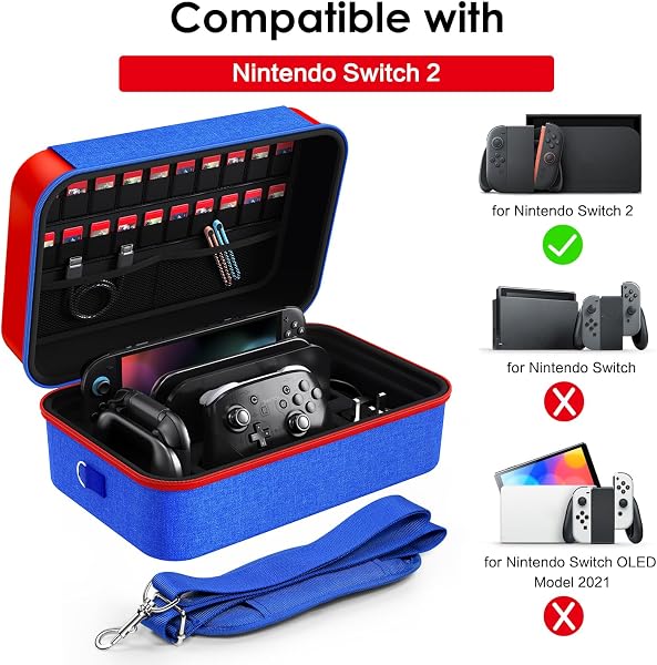 ivoler Carrying Storage All in One Case for Nintendo Switch 2, Portable Traveler Deluxe Carrying-All Protective Hard Messenger Bag Soft Lining Pouch 20 Games for Console & Accessories, Red+Blue - 2