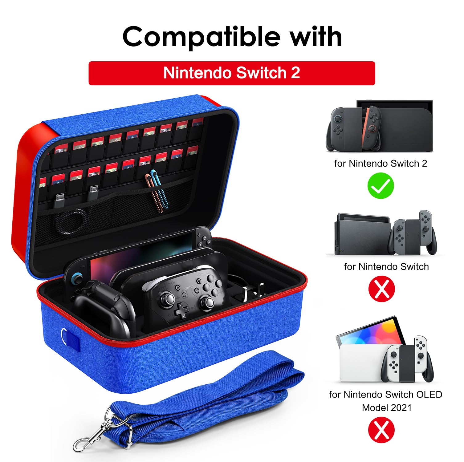 ivoler Carrying Storage All in One Case for Nintendo Switch 2, Portable Traveler Deluxe Carrying-All Protective Hard Messenger Bag Soft Lining Pouch 20 Games for Console & Accessories, Red+Blue — view 2