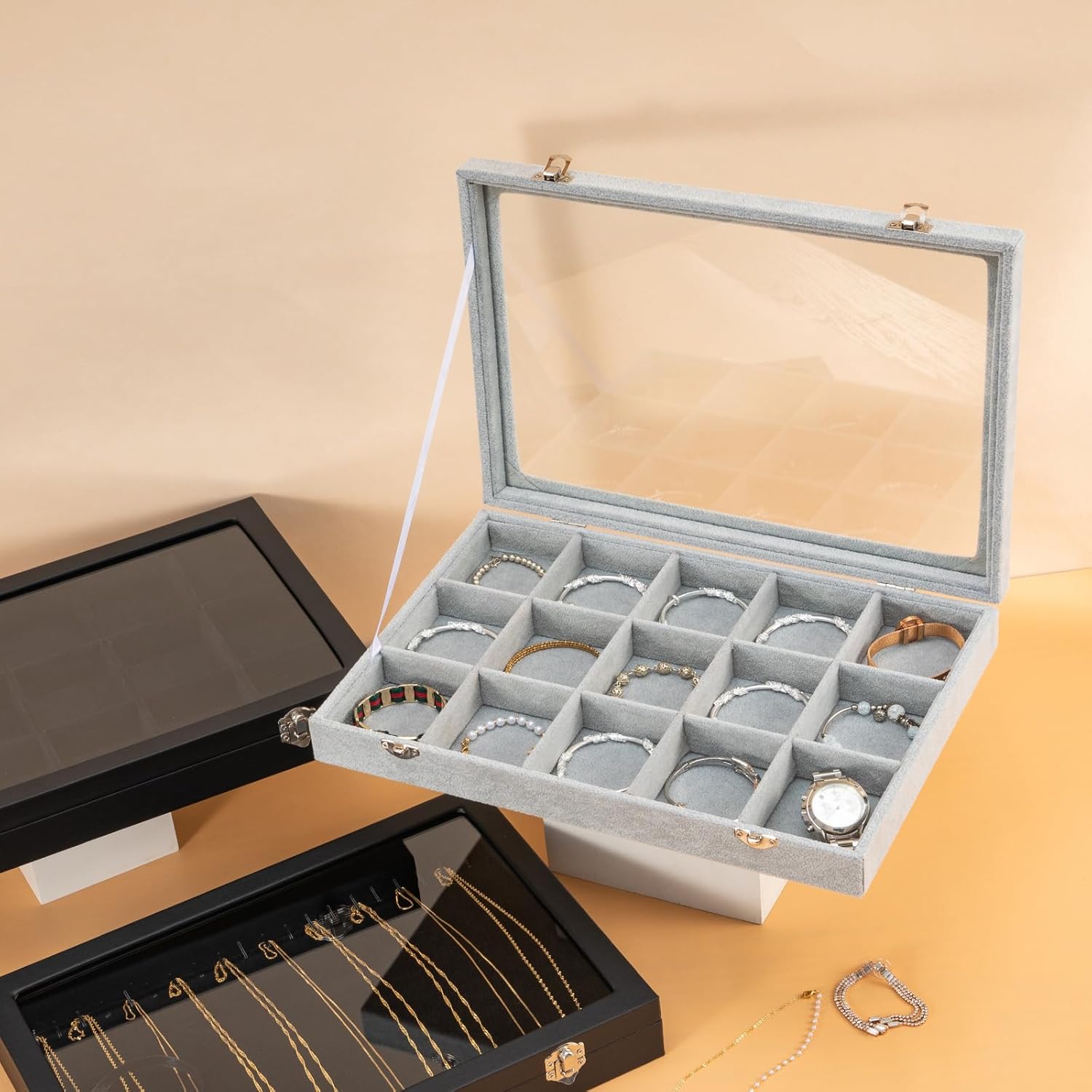 Polmart 15-Grid Jewelry Organizer/Storage/Display Case with Acrylic Lid, Gray Velvet