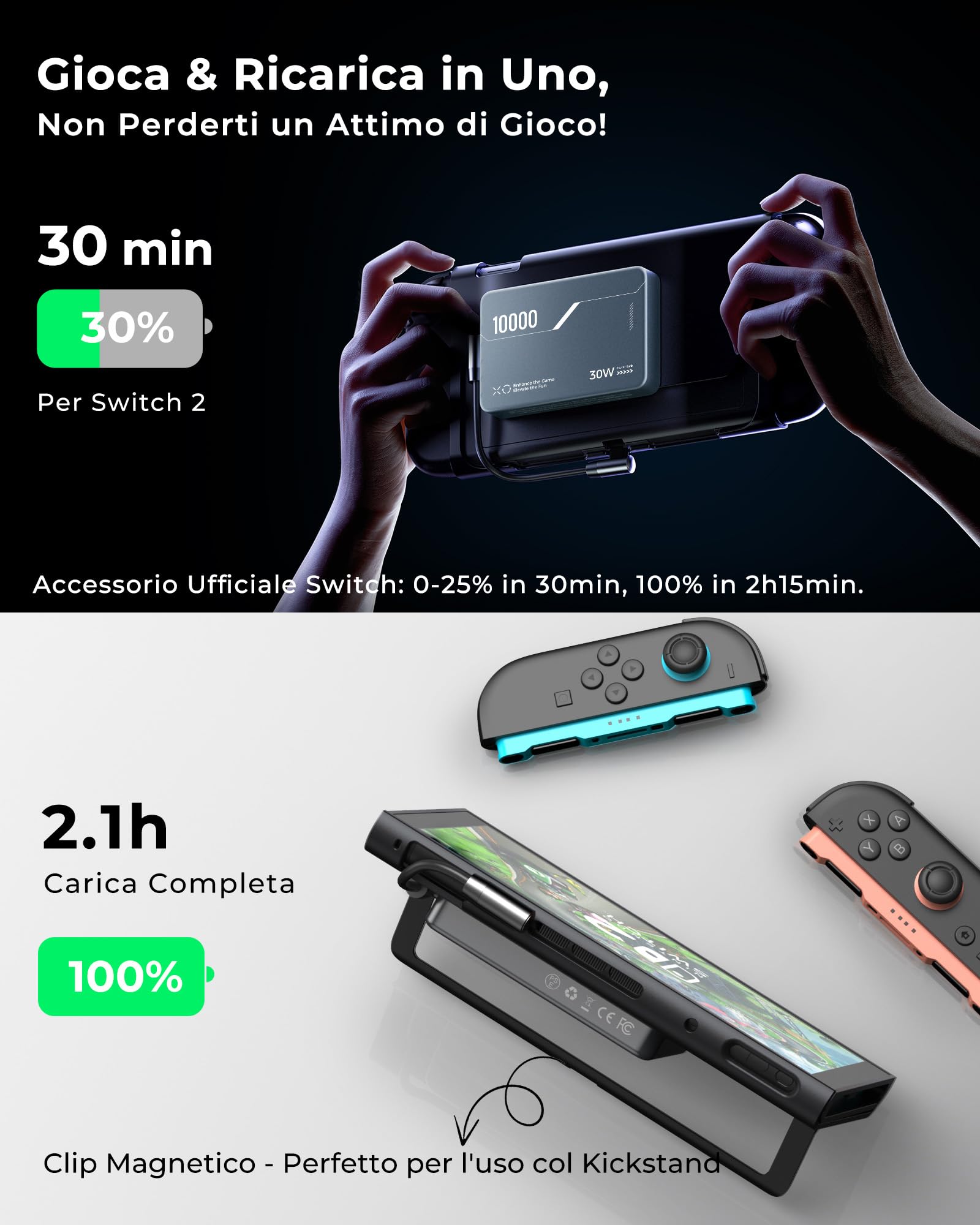Antank B5 10000mAh Magnetica Power Bank per Nintendo Switch 2 & iPhone | 30W PD Ricarica Rapida Powerbank per iPhone 17-12/Switch/Switch OLED, 2 Supporti Posteriori Rimovibili & 2 Cavi Doppi USB-C