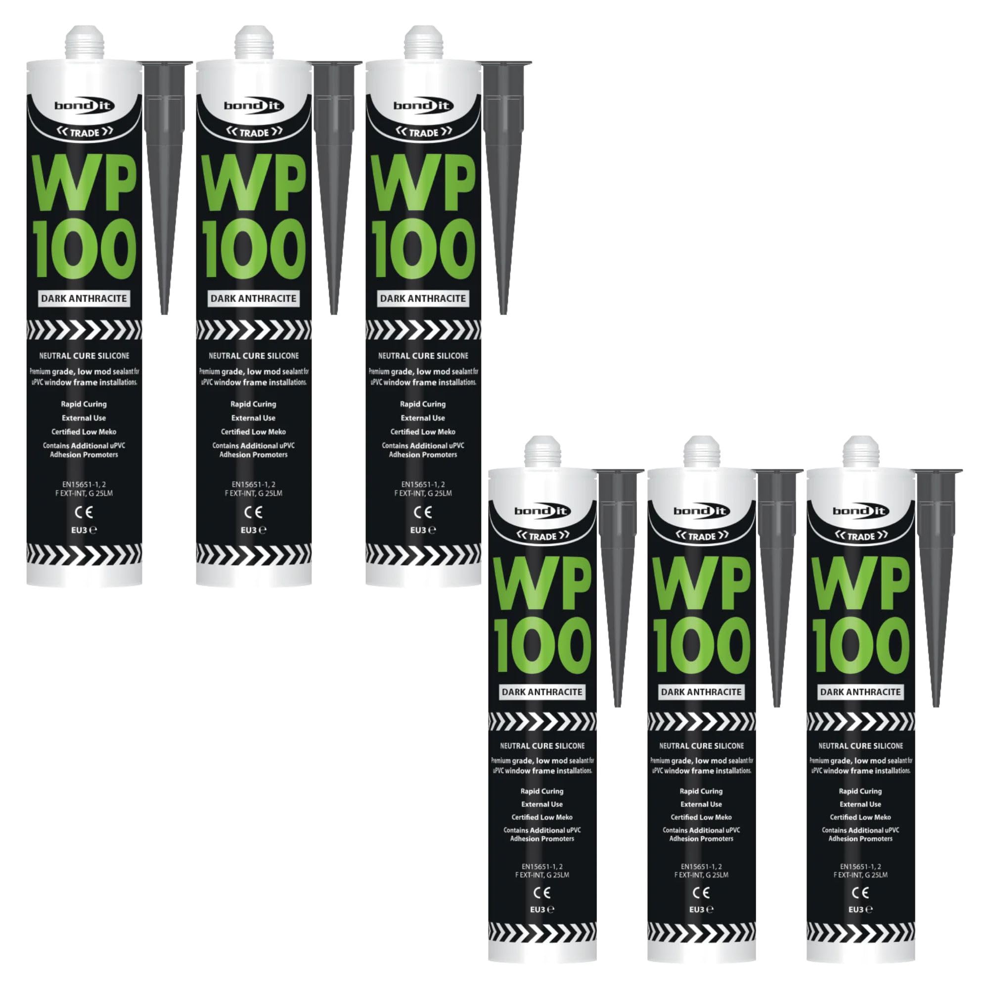 Bond It WP100 EU3 Premium Neutral Cure Oxime Silicone Sealant – 6x Dark Anthracite, 285ml | High-Performance Silicone – Mould-Resistant – Flexible | Sealant for Building & Construction Joints